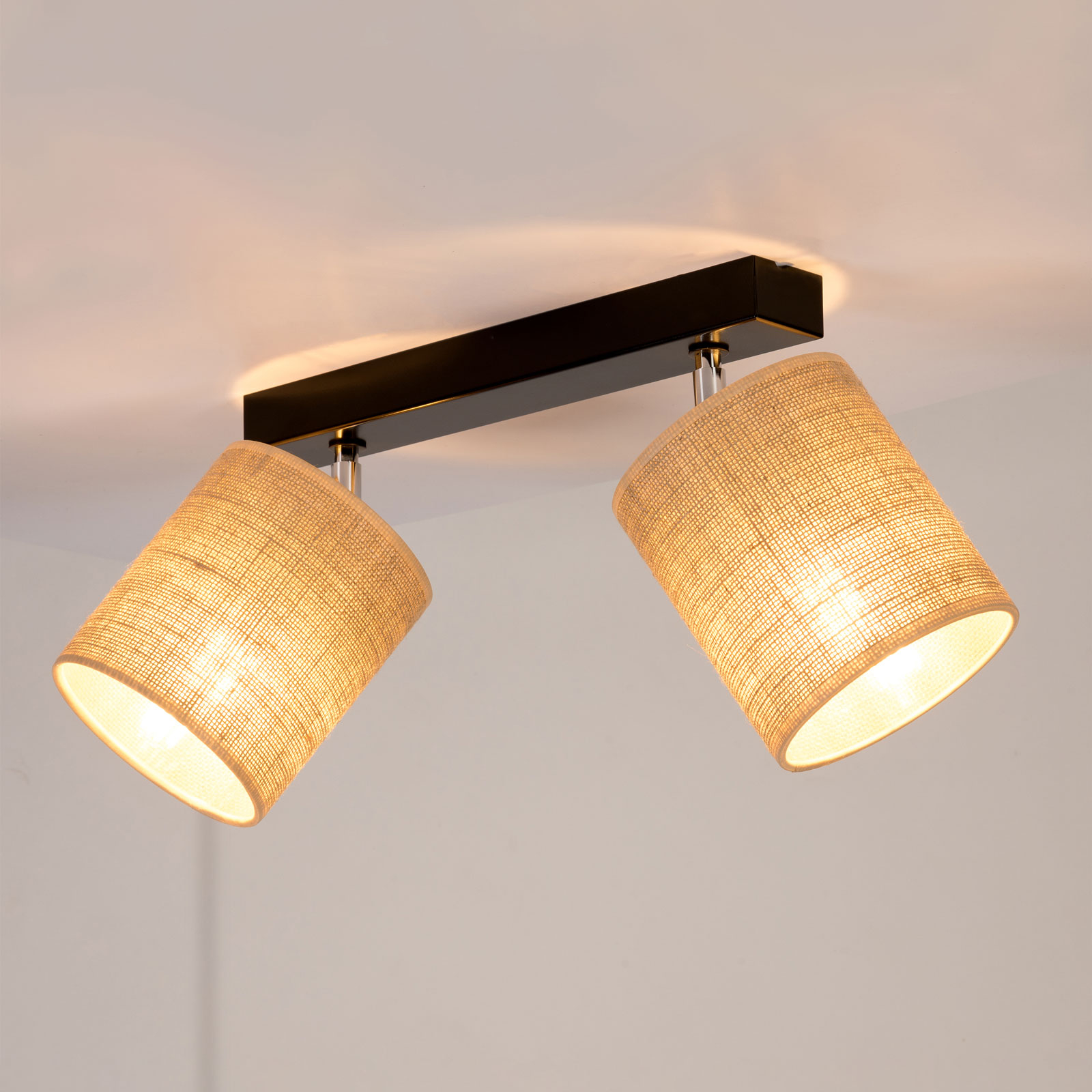Jute ceiling light with fabric lampshades, 2-bulb