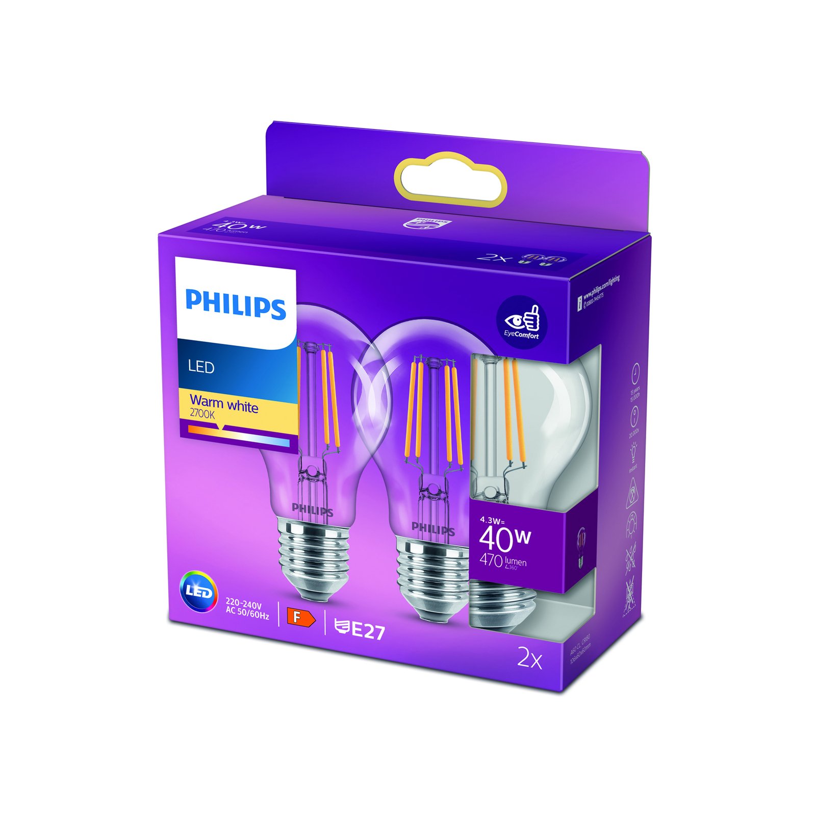 Philips LED bulb E27 4.3 W 2,700 K filament 2-pack