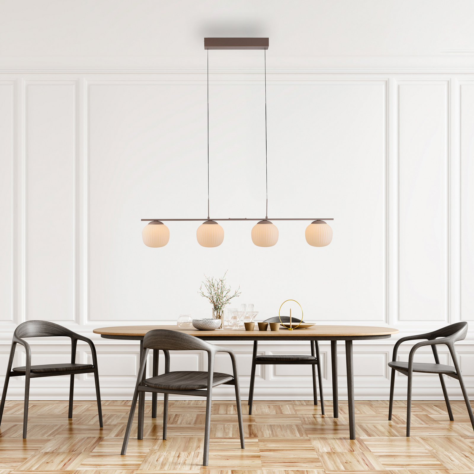 Żyrandol LED Nami, 4-punktowy, długi, kolor piaskowy, biały, szkło, żelazo Żyrandol LED Nami, 4-punktowy, długi, kolor piaskowy, biały, szkło, żelazo