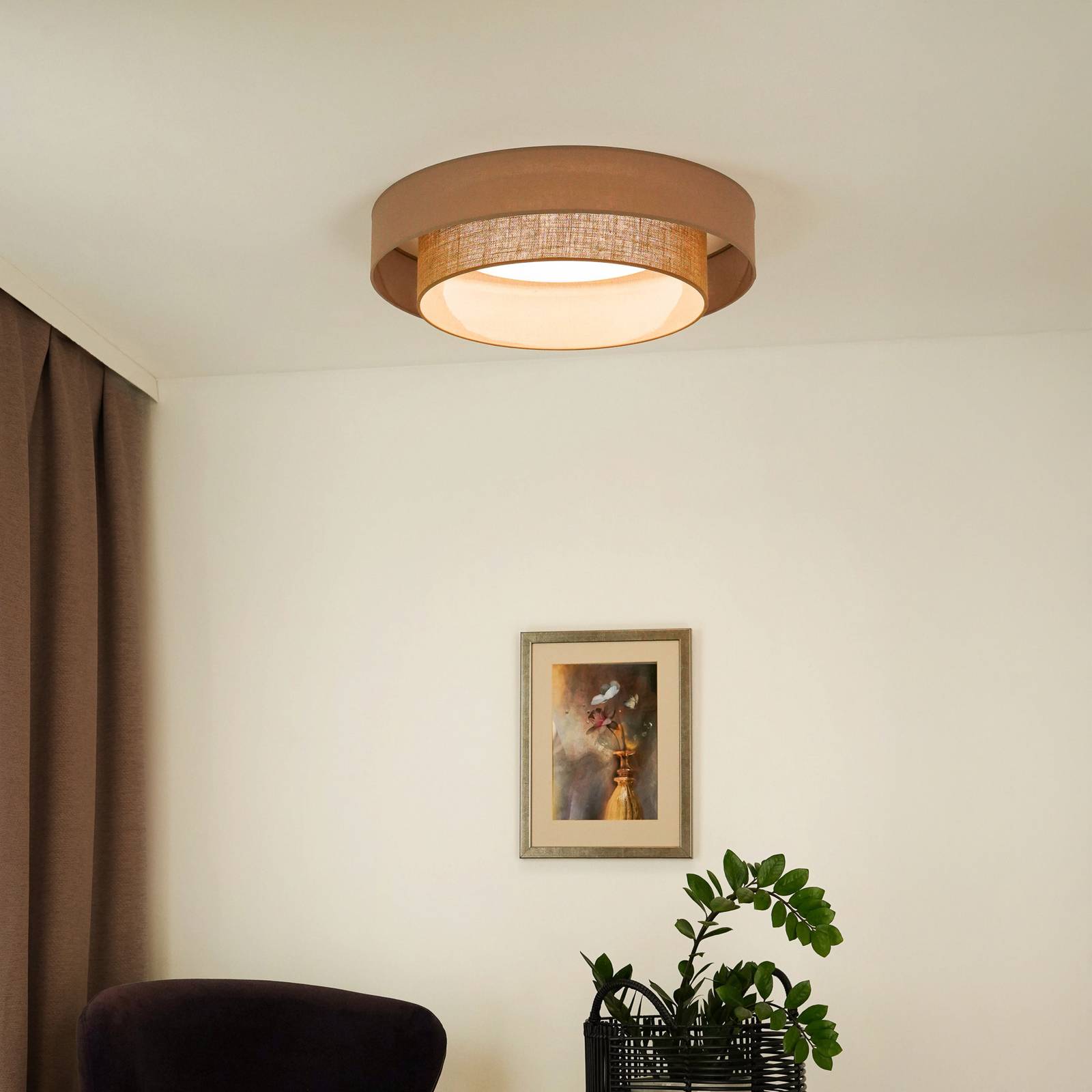 LED-Deckenleuchte Luneta, Jute, braun, Ø 60 cm, 3-step-dim günstig online kaufen