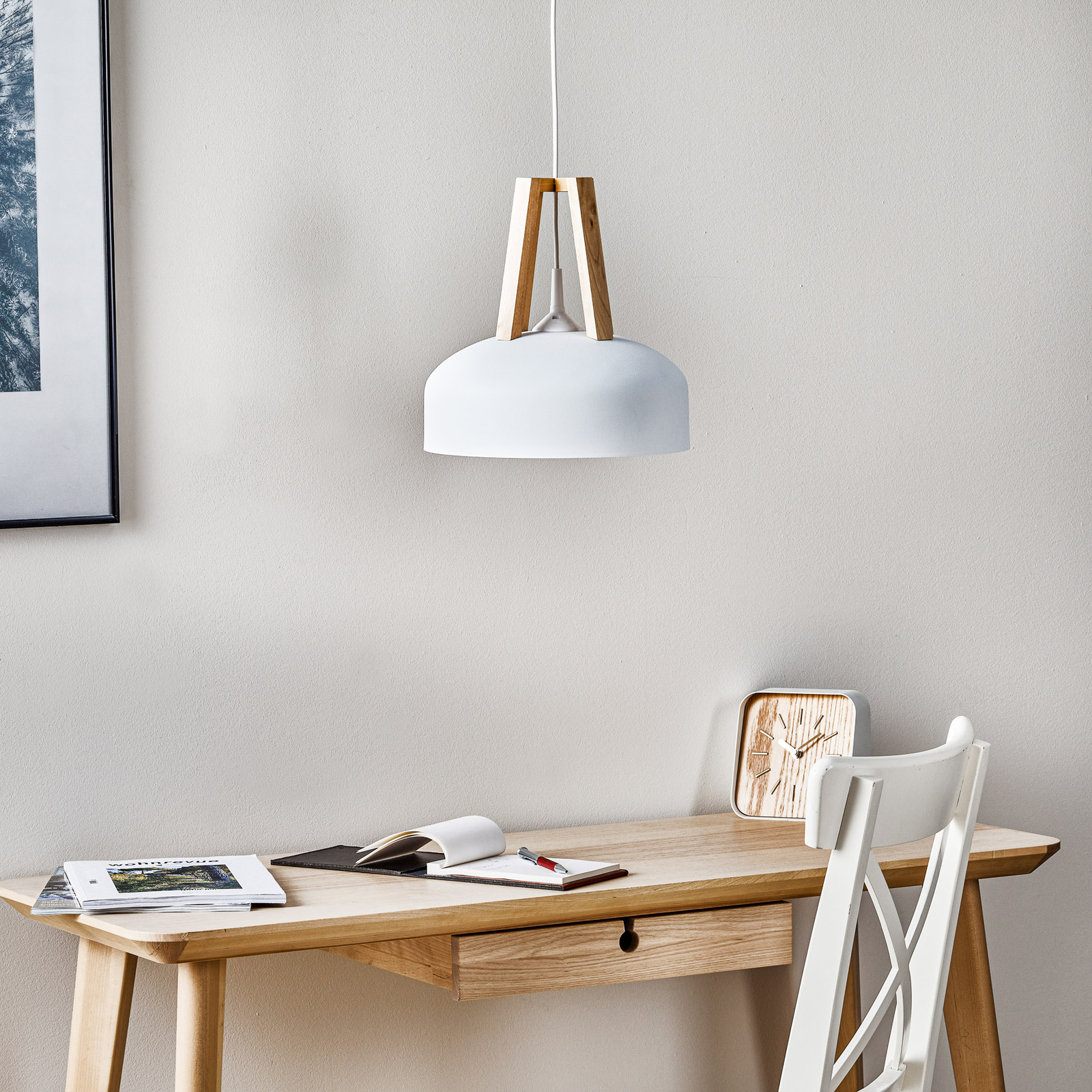 North hanging light, natural wood, white lampshade