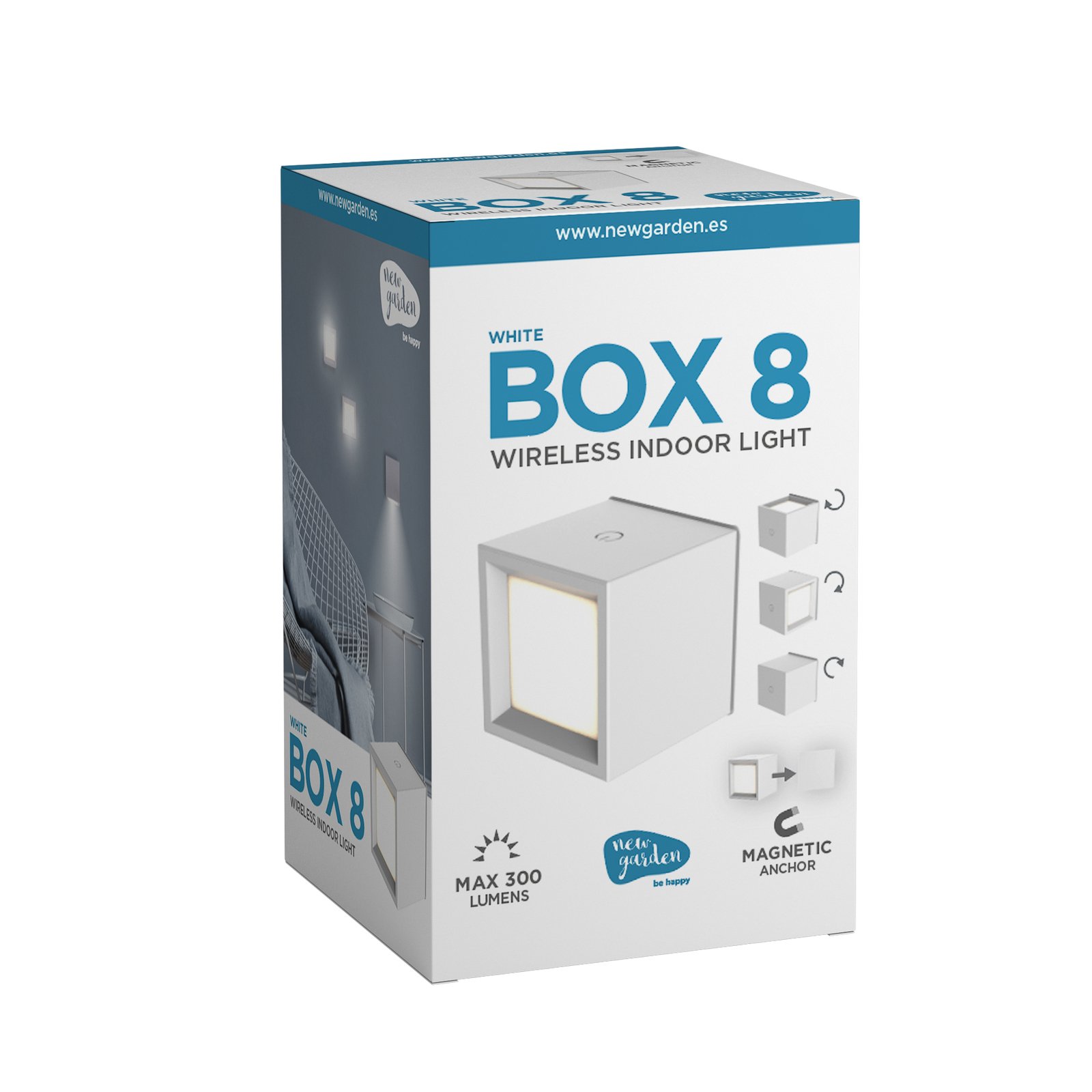 Newgarden LED dobíjecí nástěnné světlo Box 8, bílé, 7,5x7,5cm