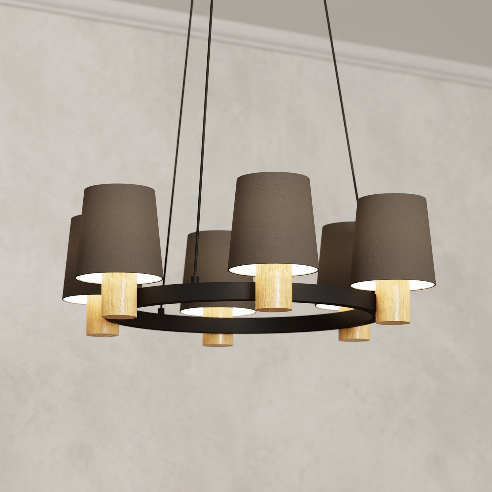 EGLO Edale candelabru 6x abajur pânză cappuccino rotund - Camera de zi / sufragerie - modern - cappuccino lemn culoare deschisă negru - Țesătură / Textil