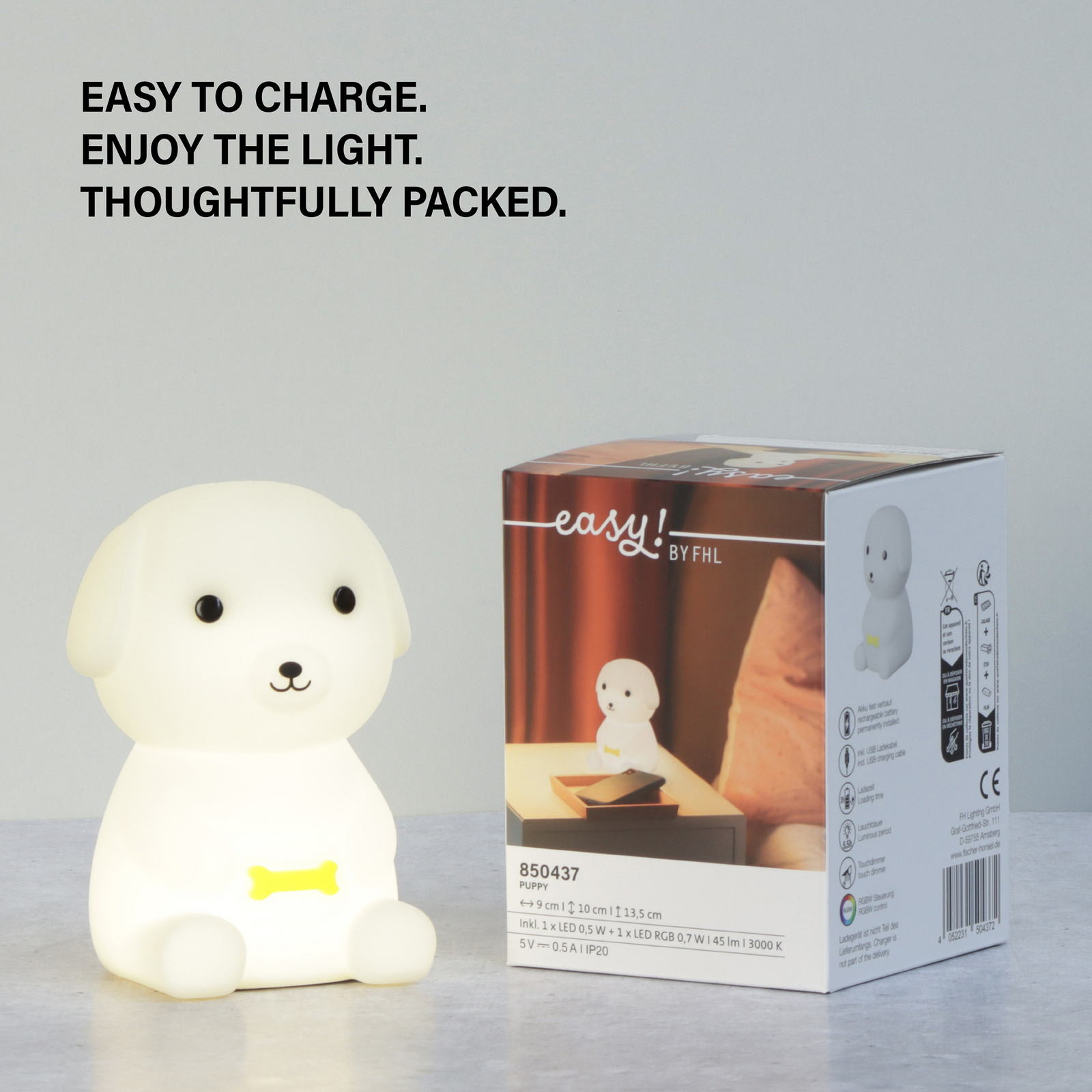 LED-Akku-Nachttischleuchte Puppy, Hund, weiß, RGB, dimmbar