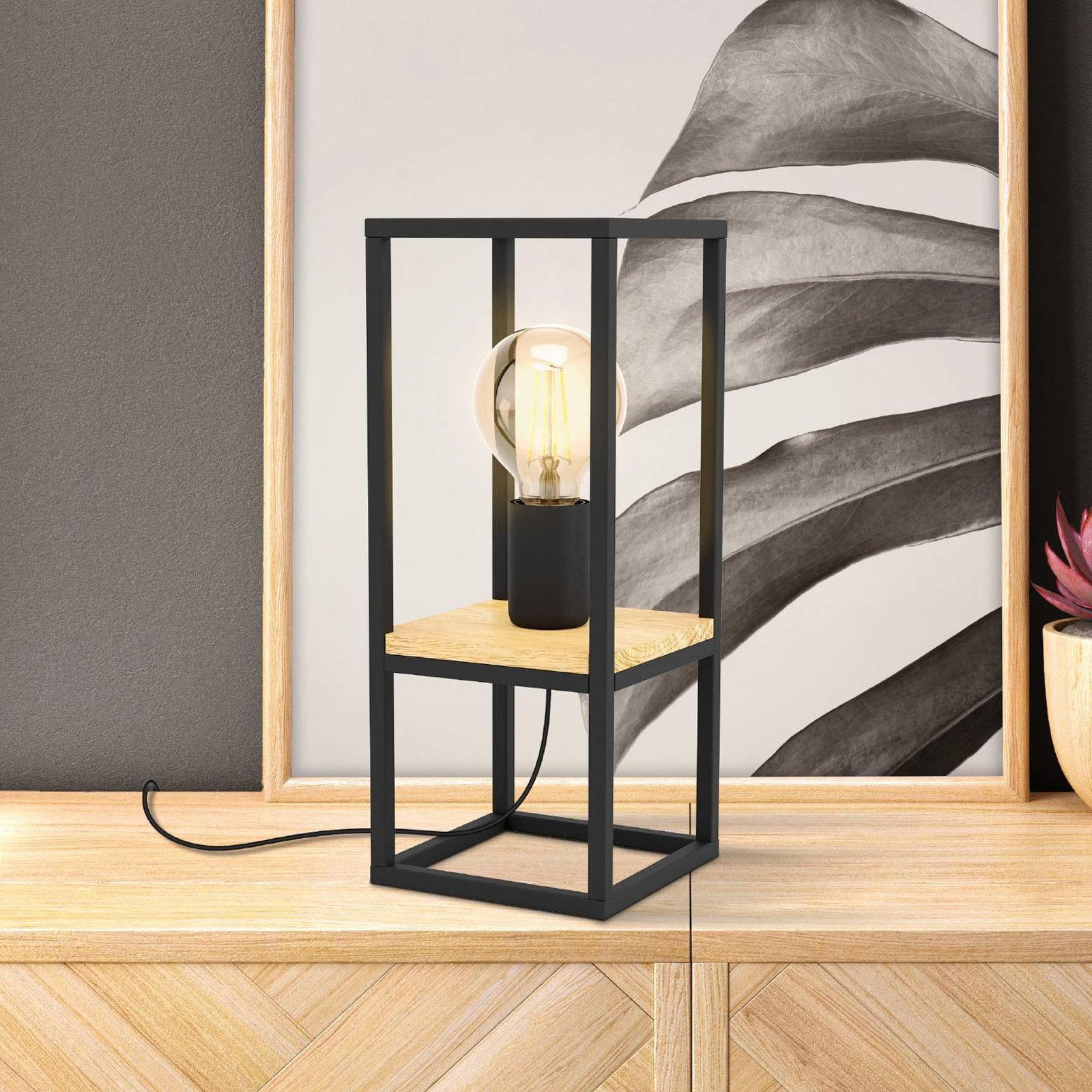 Lampada da tavolo Libertad, altezza 35 cm, nero/legno, acciaio