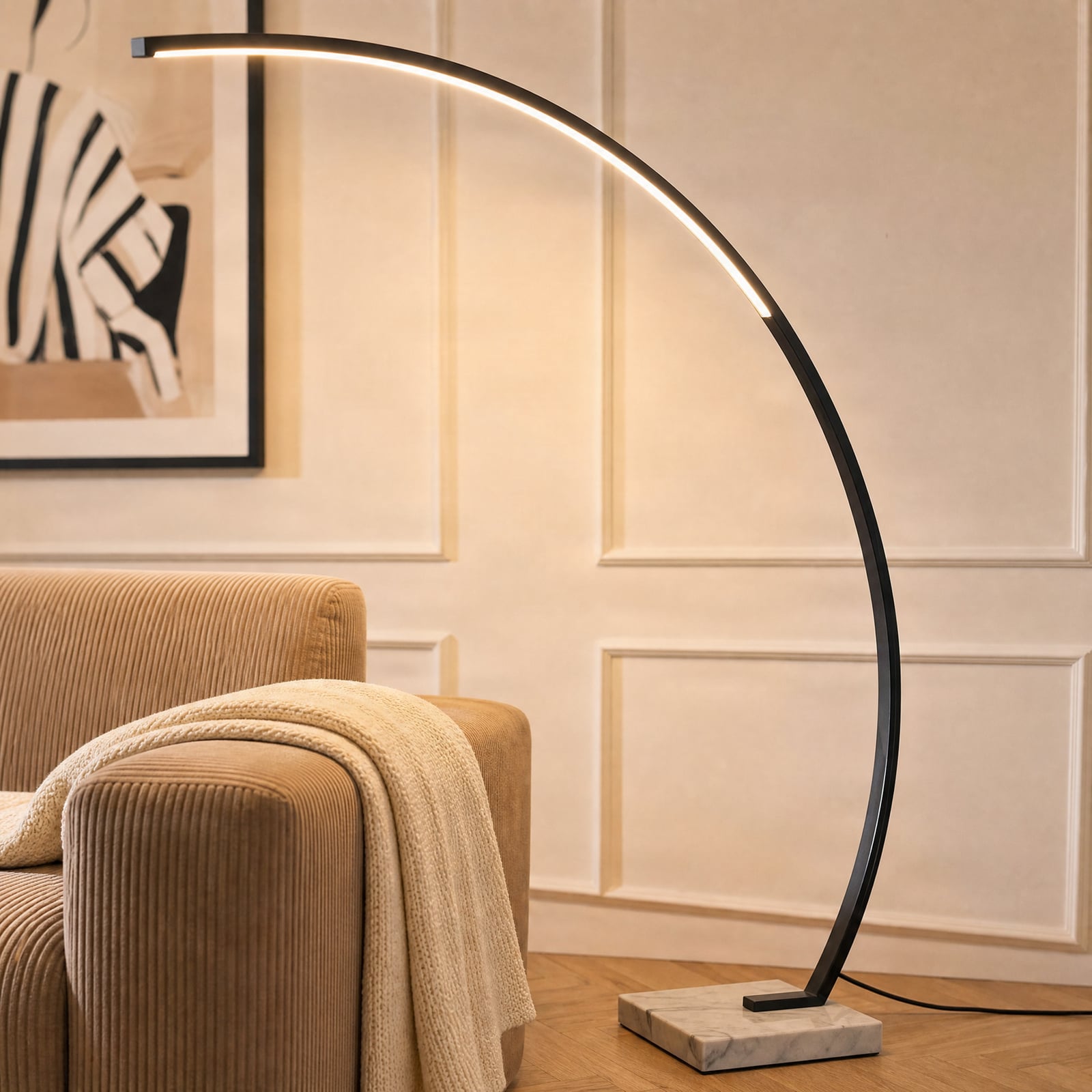 Oblouková stojací lampa Lindby LED Kendra, černá, hliník, výška 180 cm