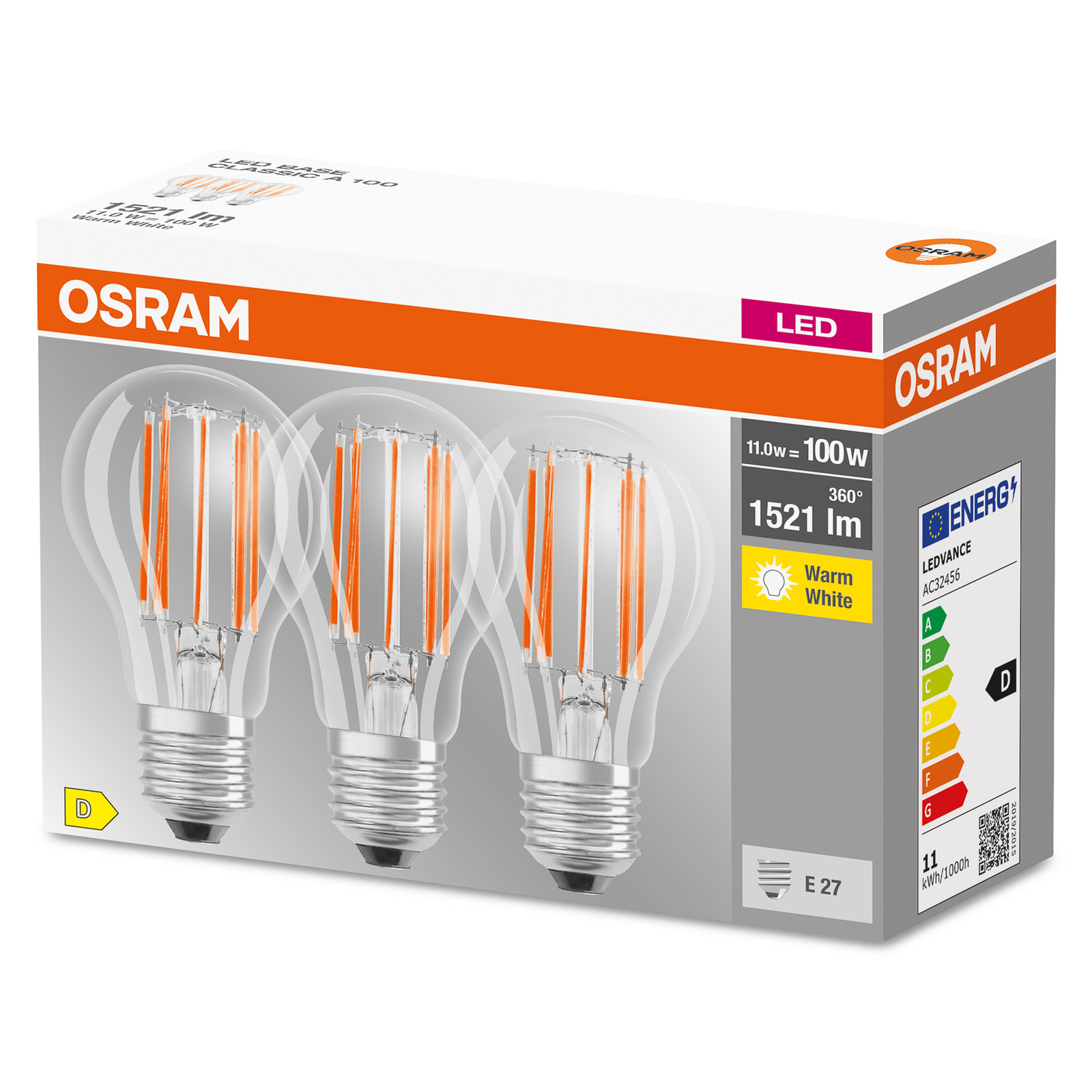 OSRAM LED-filamentpære E27 Base 11 W 2 700 K 3-er
