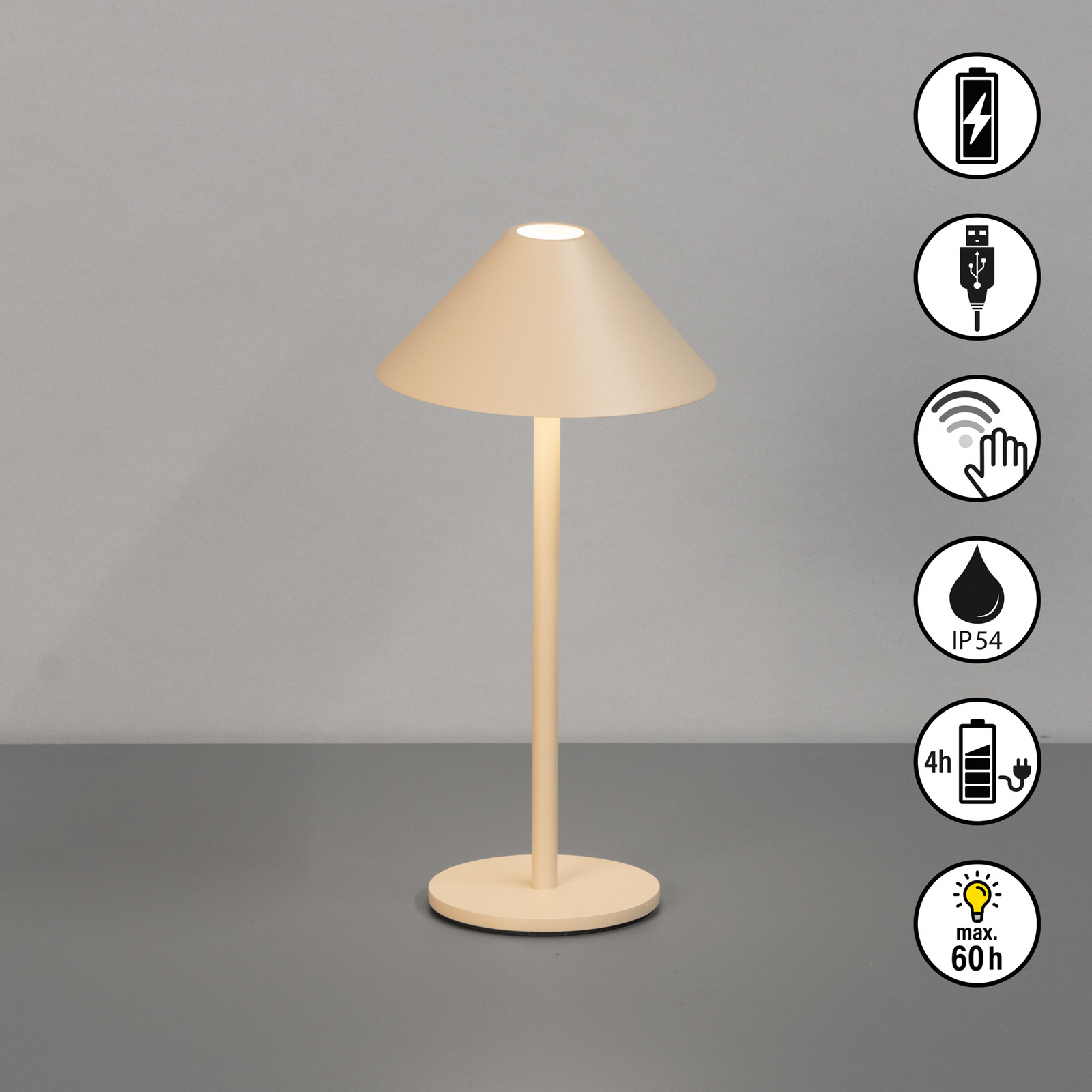 LED-Akku-Tischlampe Prato, sandfarben Höhe 25 cm Metall IP54