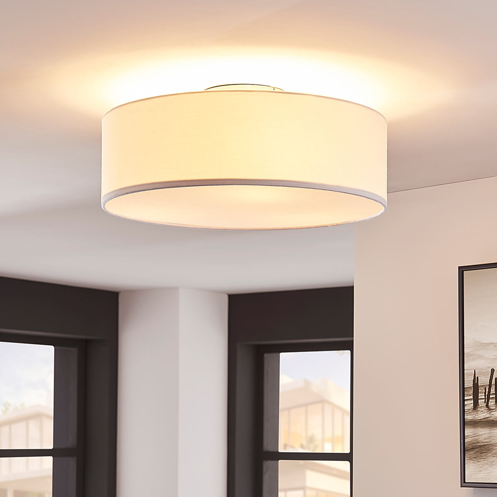 Lindby ceiling light Sebatin, Ø 40 cm, white, fabric, E27