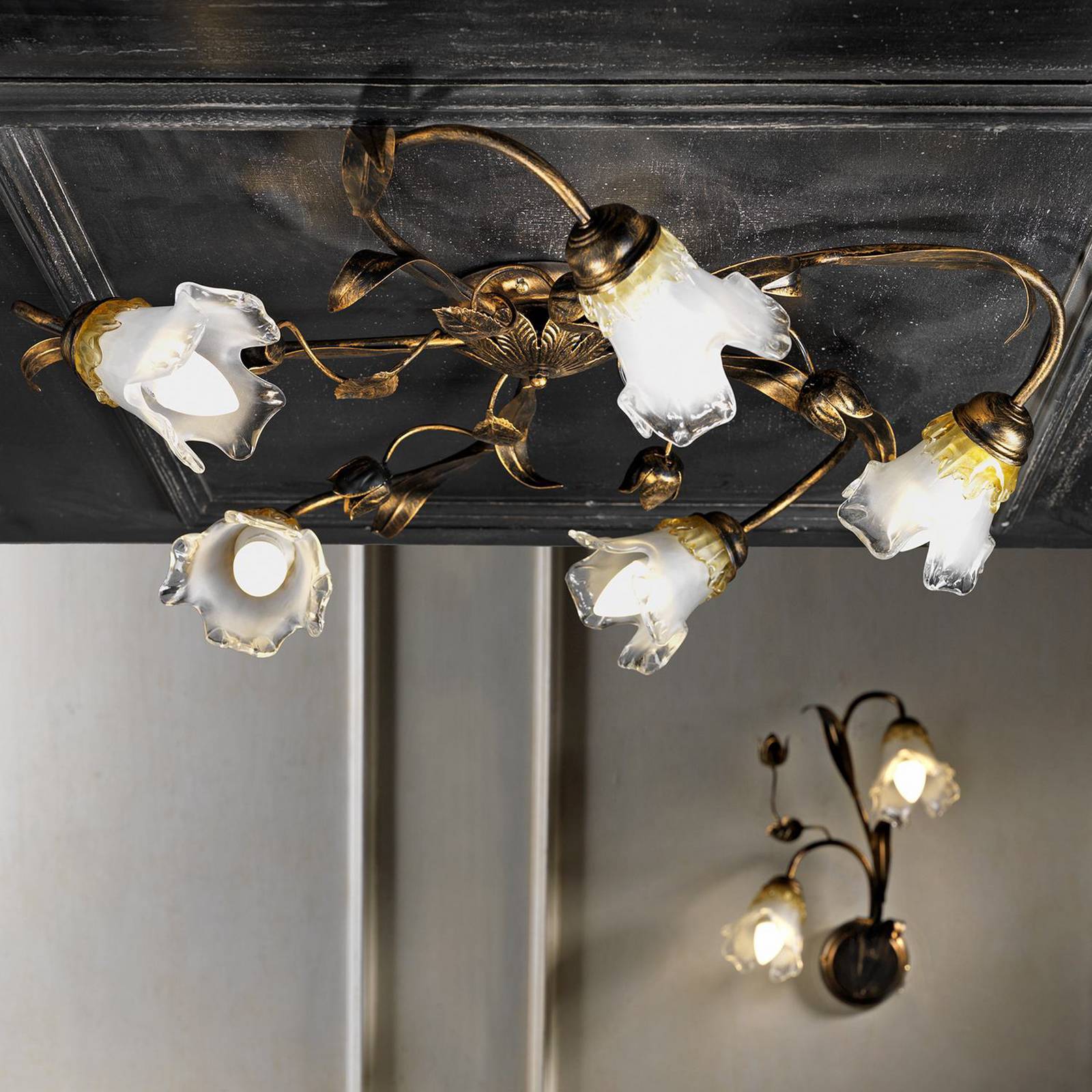 Lampa sufitowa Arianna, kolor brązowy, 5-punktowa, żelazo, szkło