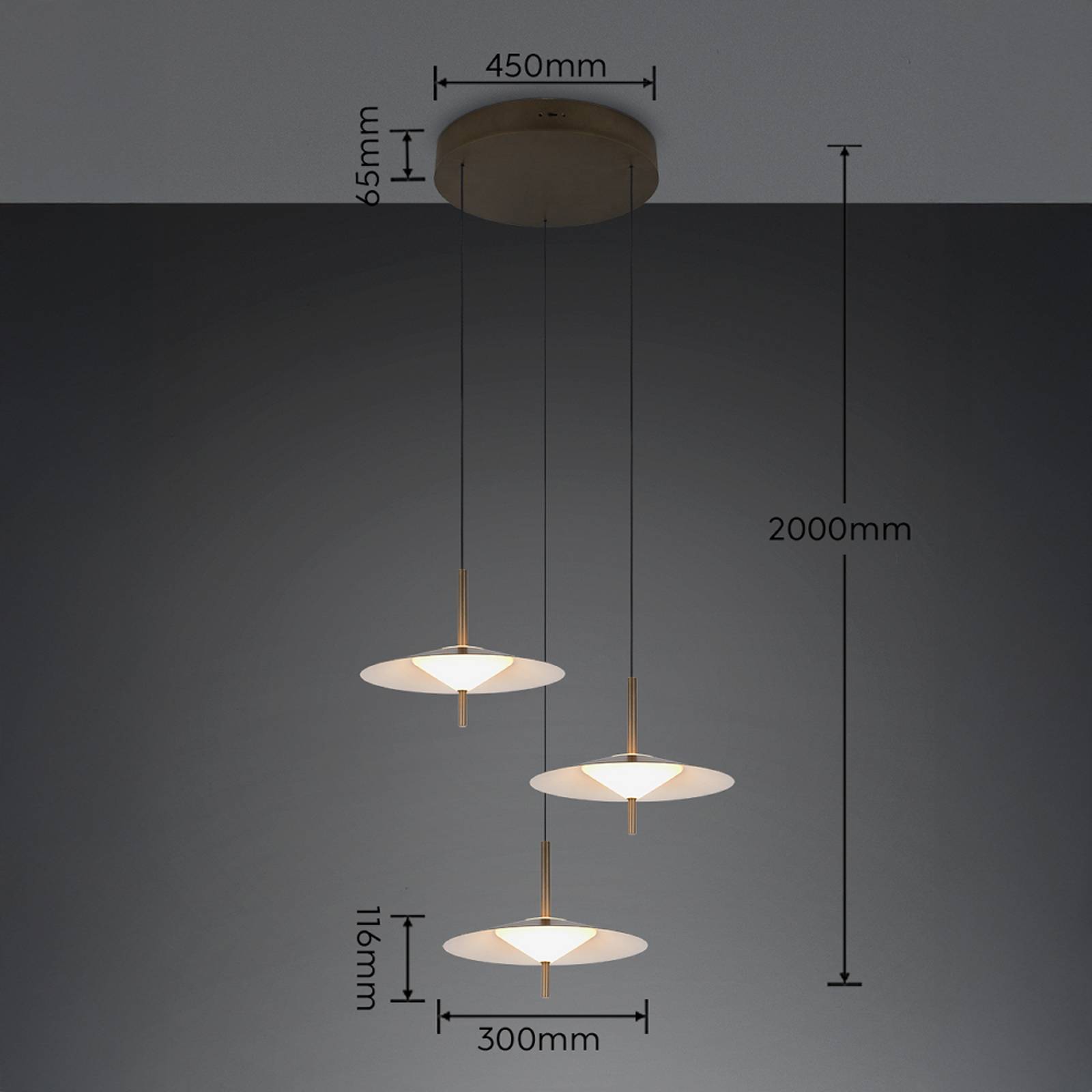 LED-hengelampe Amalo, platinfarget, Ø 67 cm, metall, CCT, 3 lyskilder