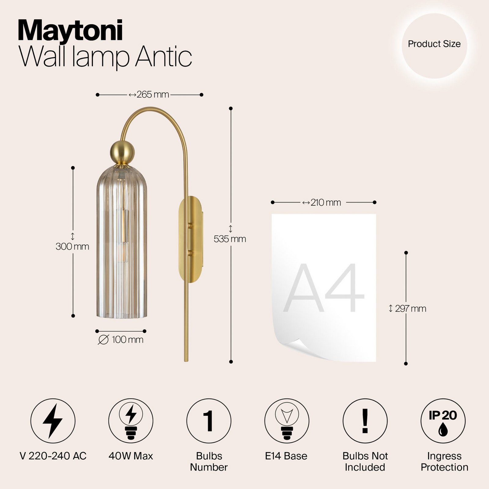 Maytoni Antic applique, abat-jour en verre cognac