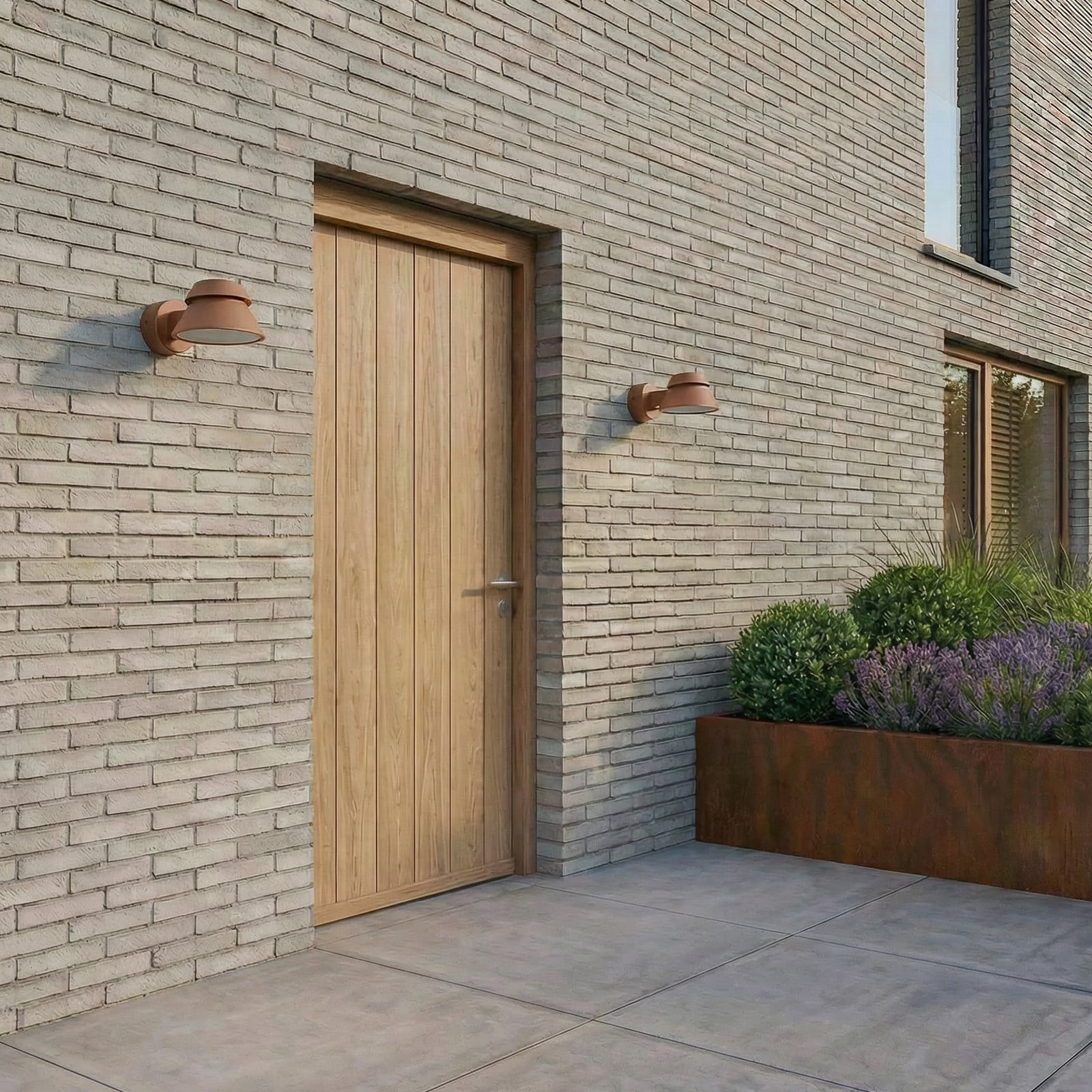 Moena LED outdoor wall light, IP44, aluminium, glass, brown - Lucande