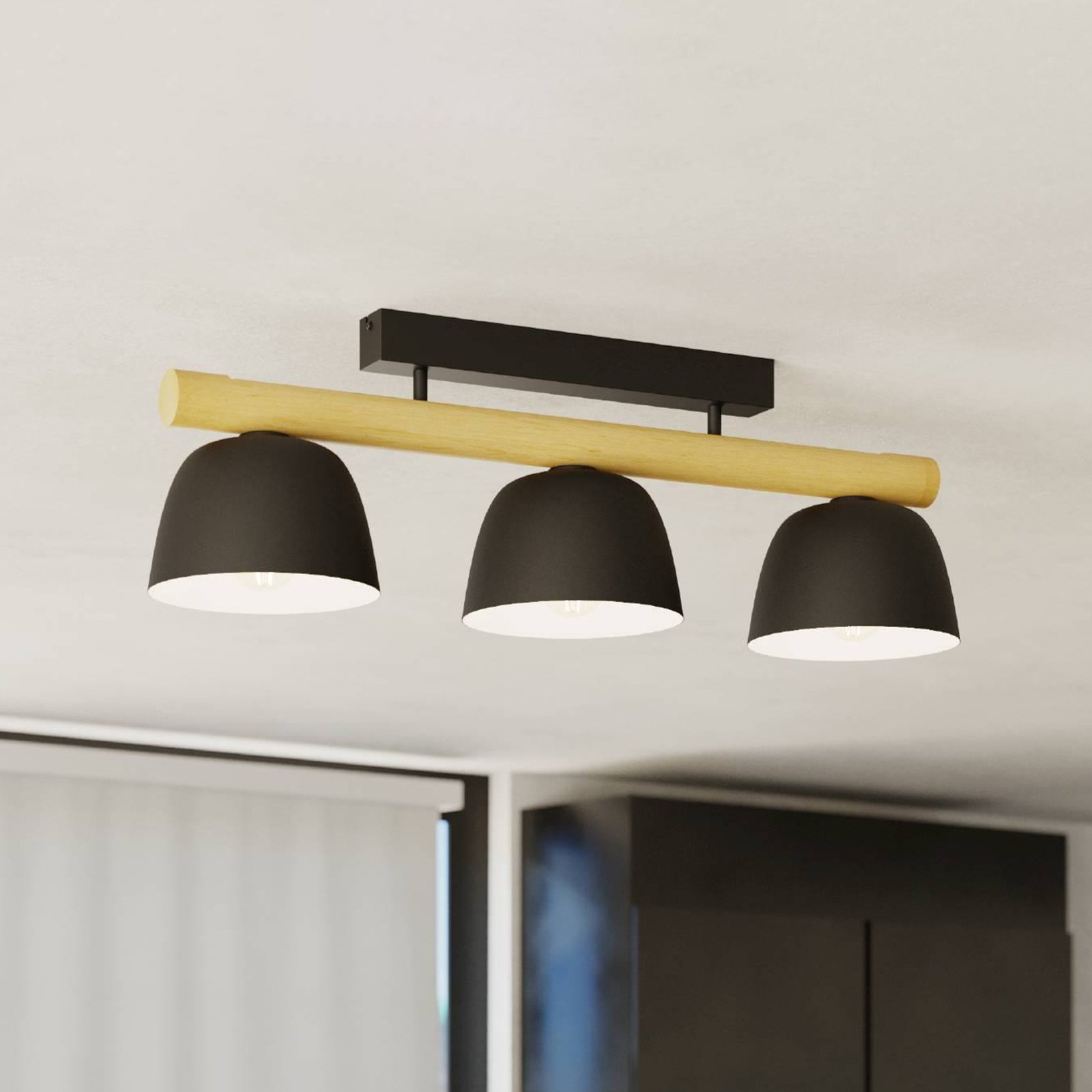 Sherburn plafondlamp, lengte 80 cm, zwart/bruin, 3-lamps.
