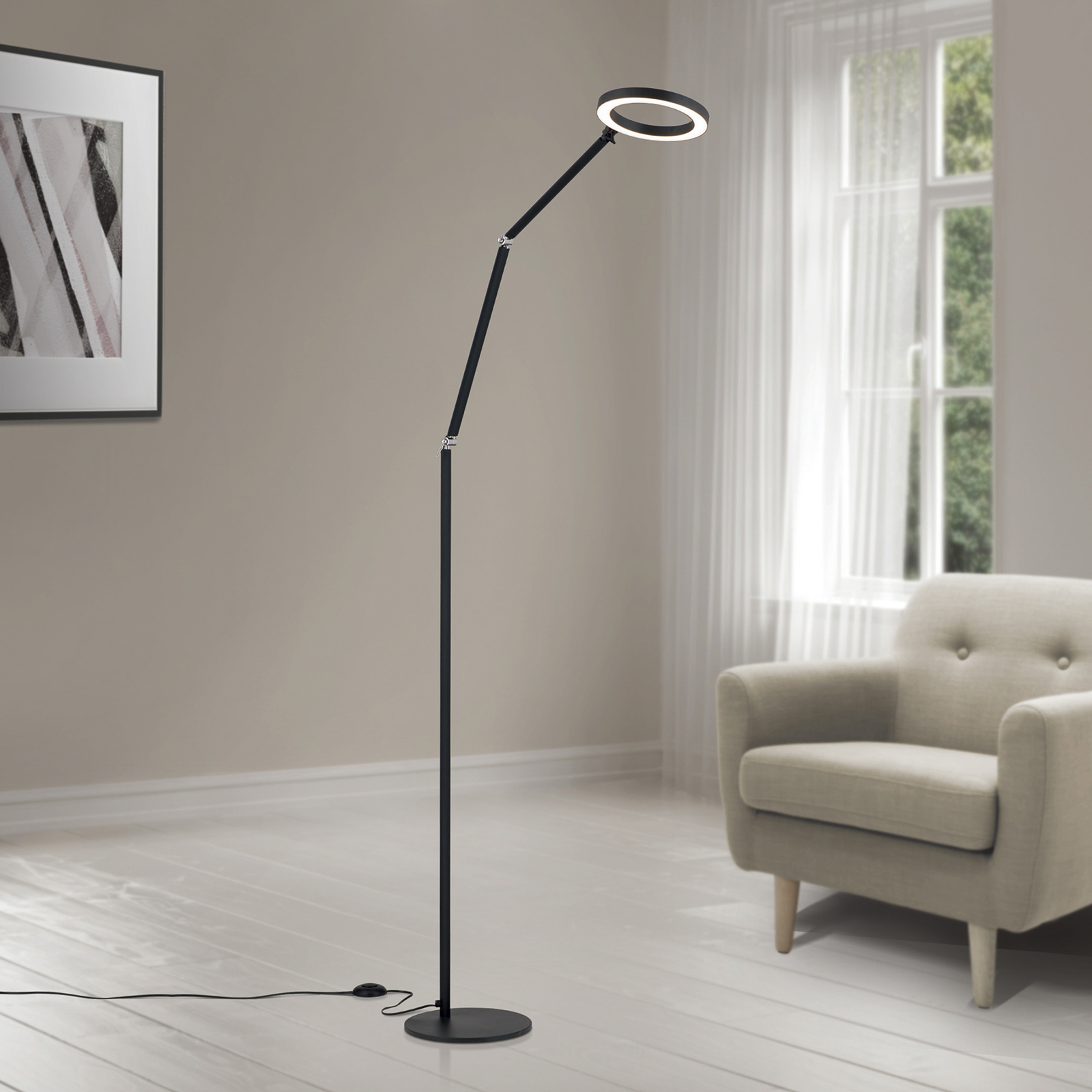 LED floor lamp Ringo, black, metal, adjustable, dimmable