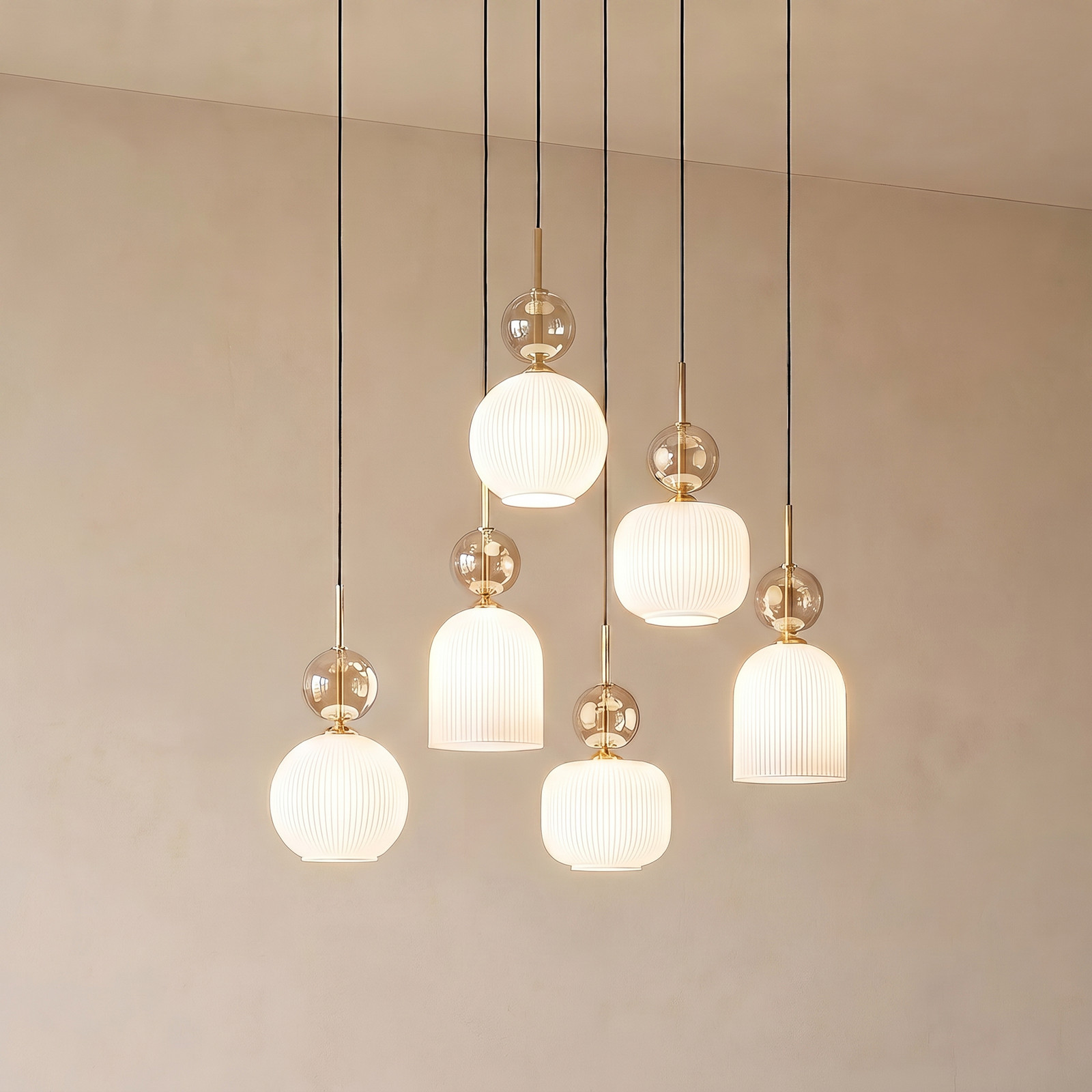 TK Lighting Lampă suspendată Sophia cu 6 becuri alb/cognac lungime 65 cm E14 - Camera de zi / sufragerie - Modern - alb coniac negru - Sticlă