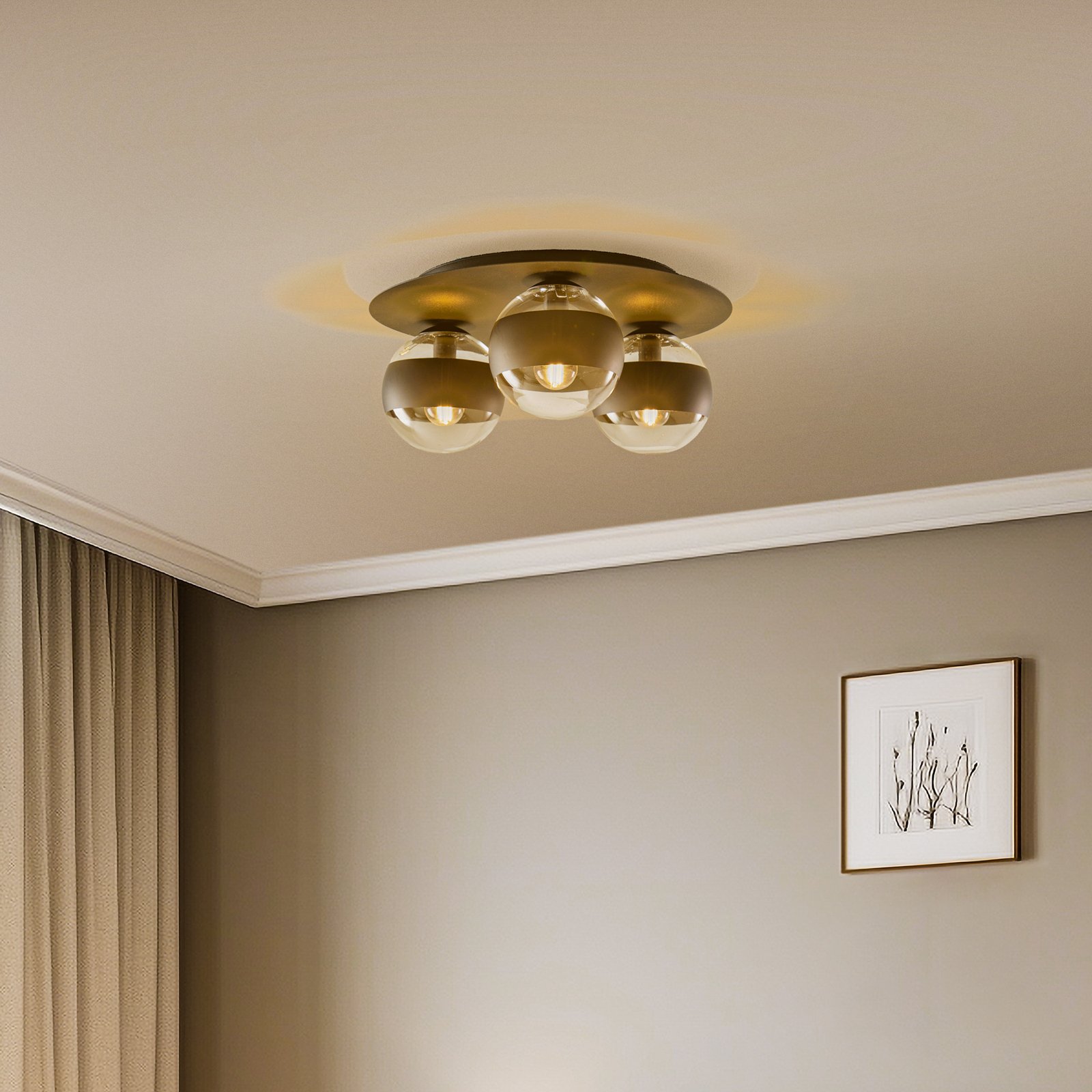 Kenzo ceiling light, round, black/clear, 3-bulb