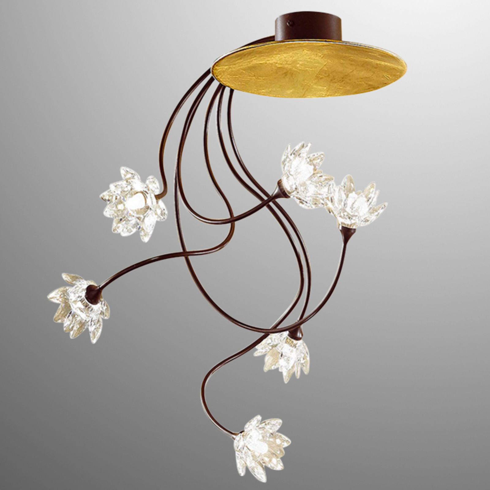 Kögl Fiorella ceiling light, six-bulb, clear, for Living / Dining Room, metal, metal leaf, glass, G9, 40 W, energy efficiency: A++, W: 50 cm, H: 50 cm