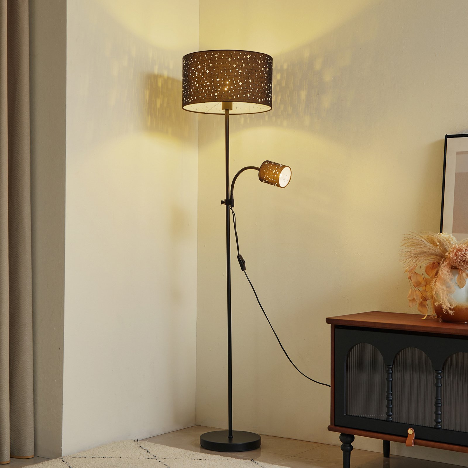 Lindby Melanie floor lamp, grey, fabric, Ø 36 cm, 2-bulb.