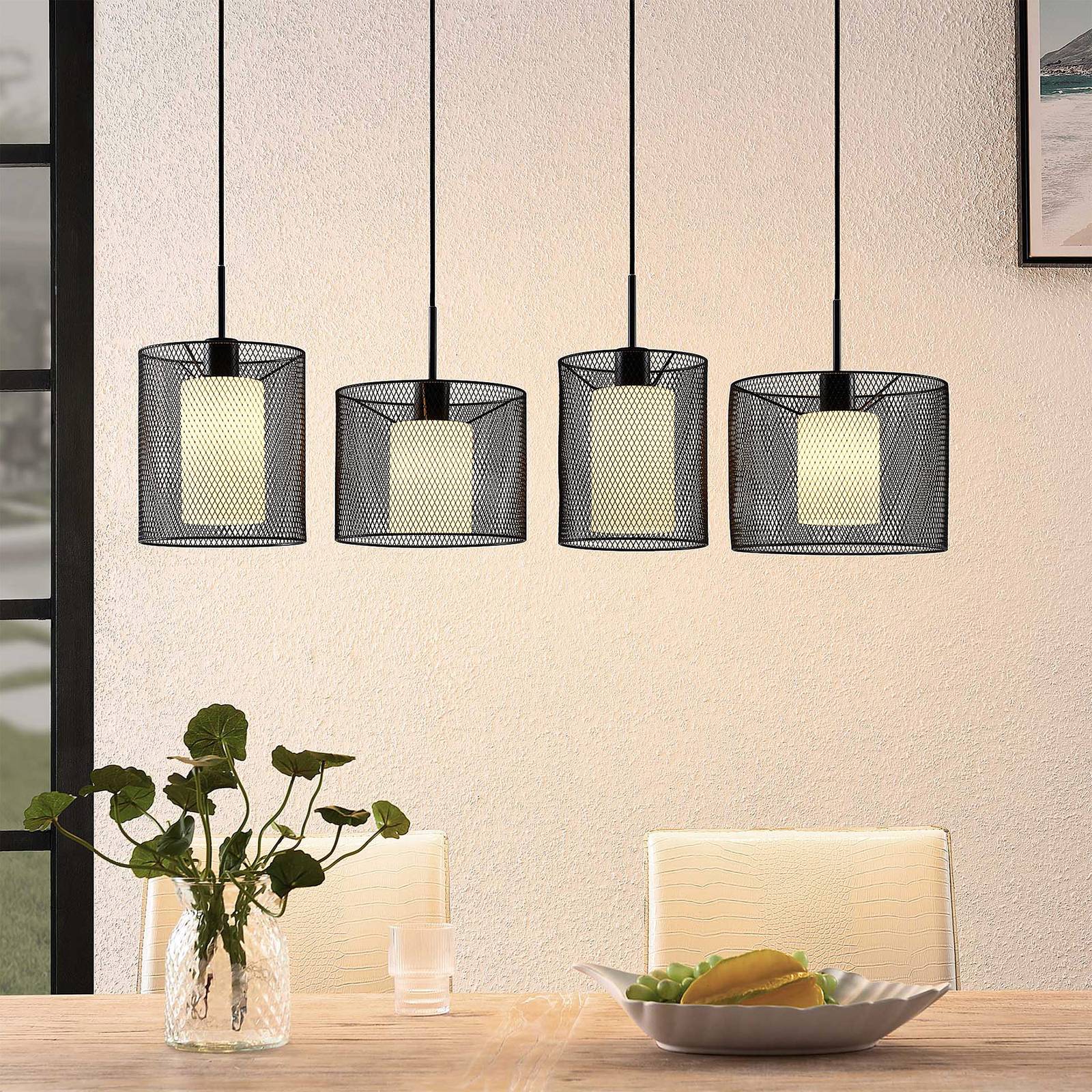 Lindby Hosla pendant light, for Living / Dining Room, iron, glass, E27, 60 W, energy efficiency: A++, L: 100 cm