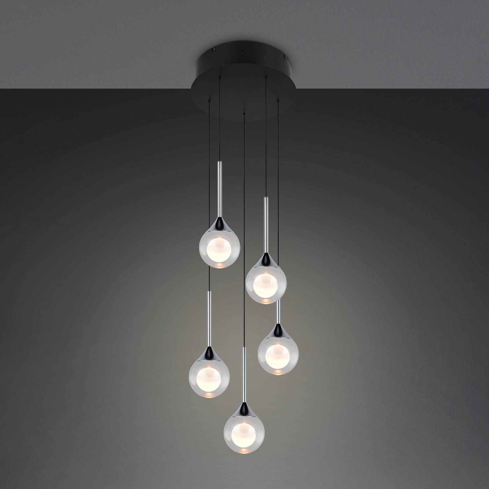 Trio Lighting LED hanglamp Calista, chroomkleurig, Ø 31 cm, metaal/glas, 5-lamps