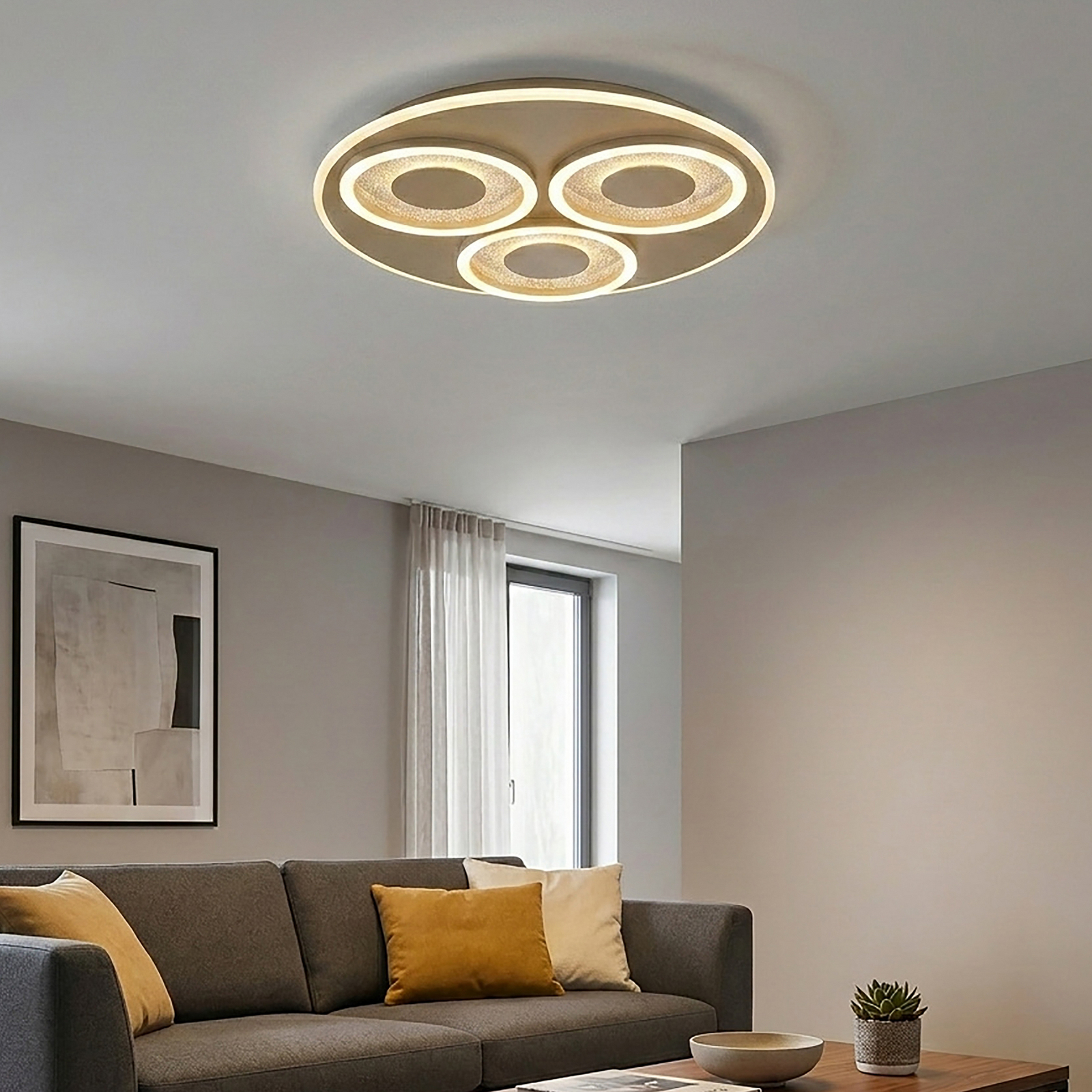 Plafón LED Wreath Flush, color arena, CCT, hierro, atenuable