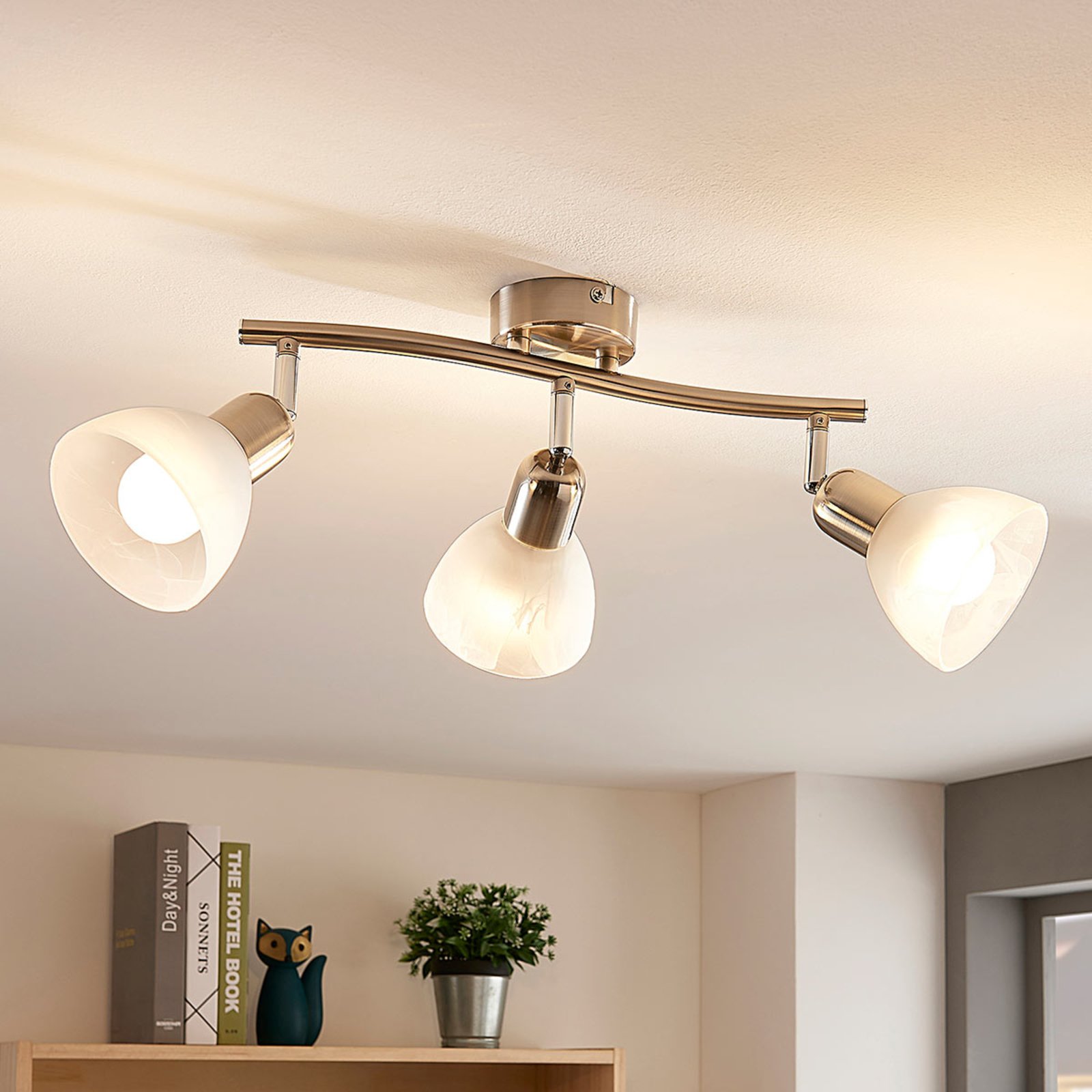 Lindby Paulina LED ceiling lamp, 3-bulb, long, for Living / Dining Room, glass, metal, E14, 4 W, energy efficiency: A+, L: 35 cm, W: 10 cm, H: 17.5 cm