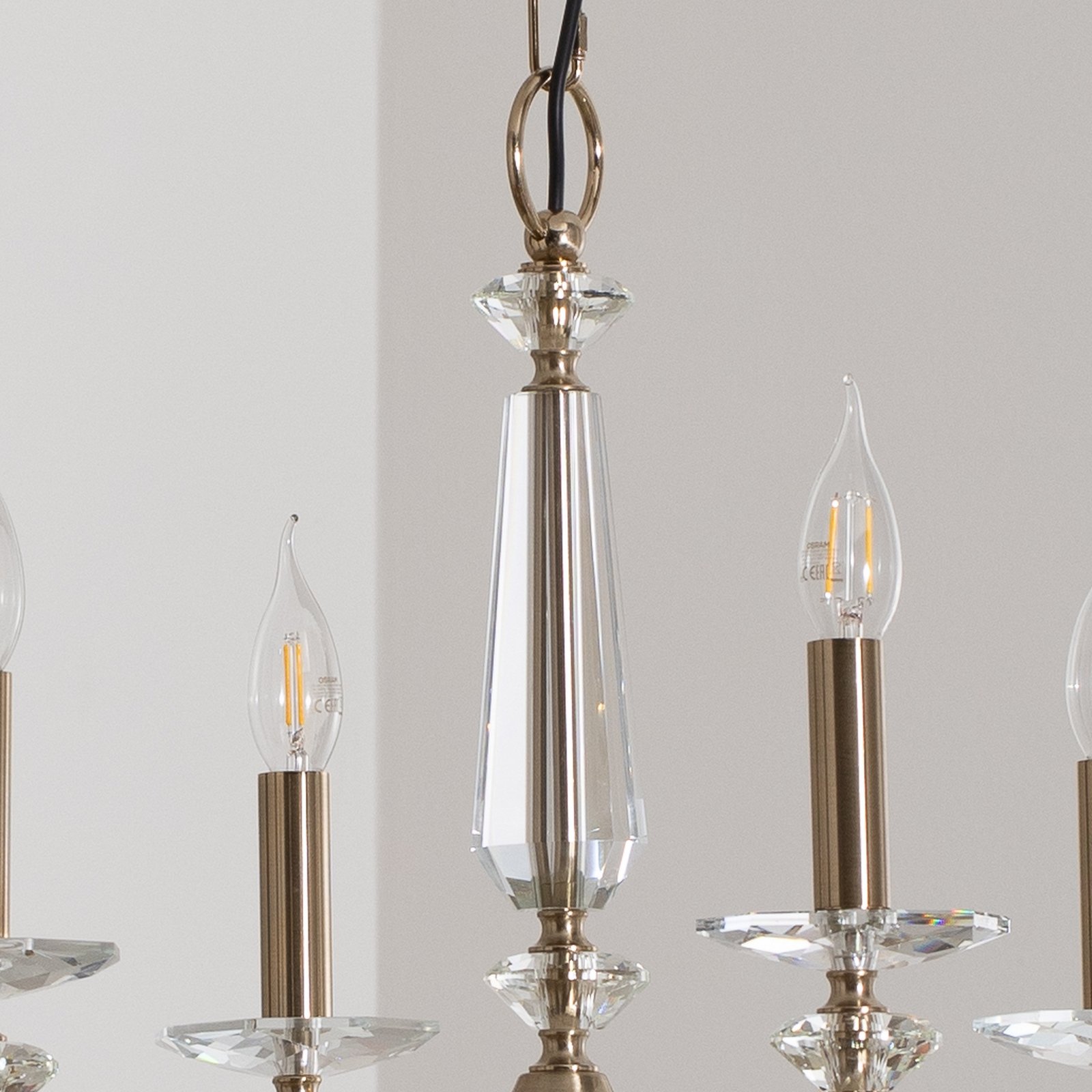 Chandelier Adone, 6-bulb, brass, Ø 70 cm, crystal glass