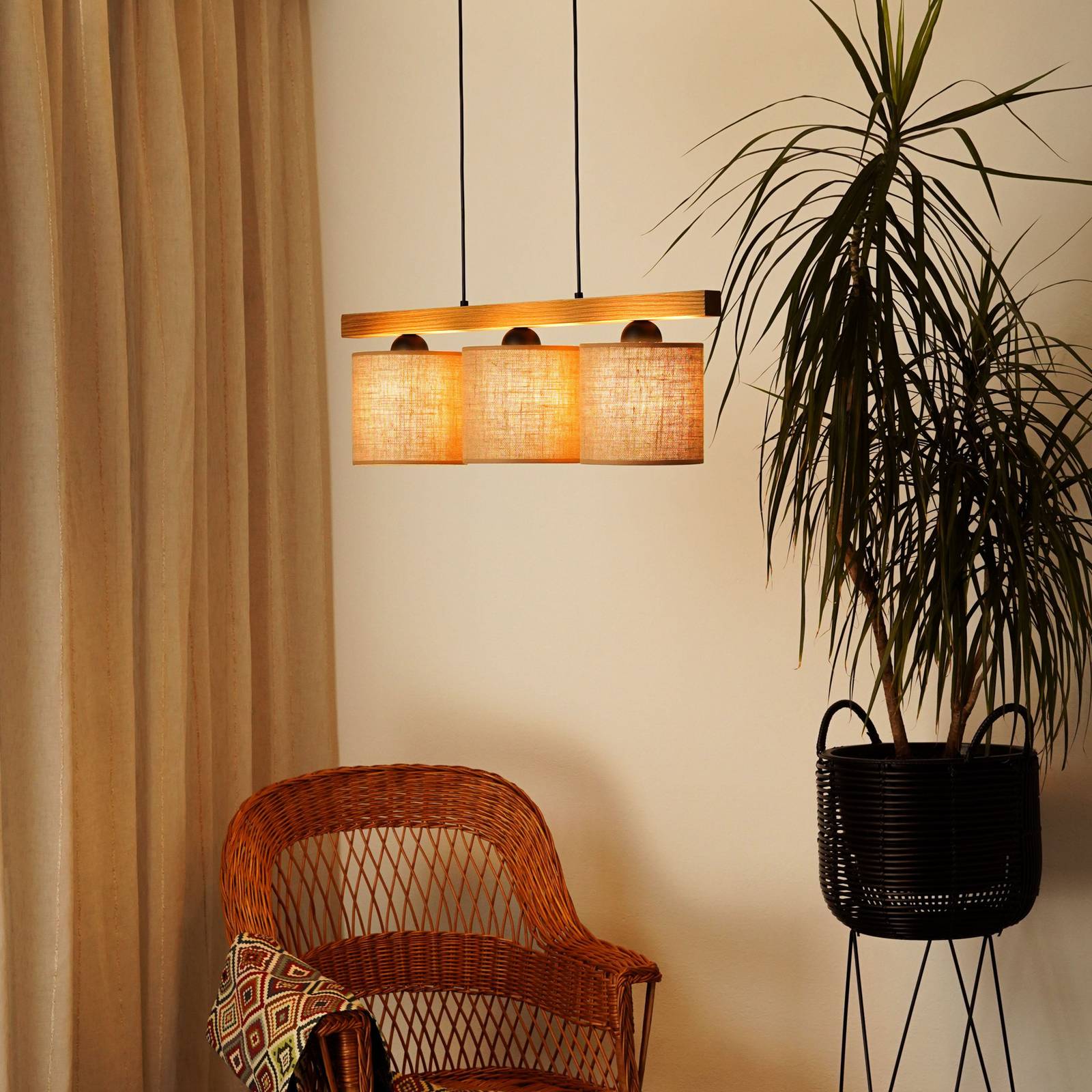 Pendellampe Forest, Holz hell/schwarz, Jute natur, 3-fl. günstig online kaufen
