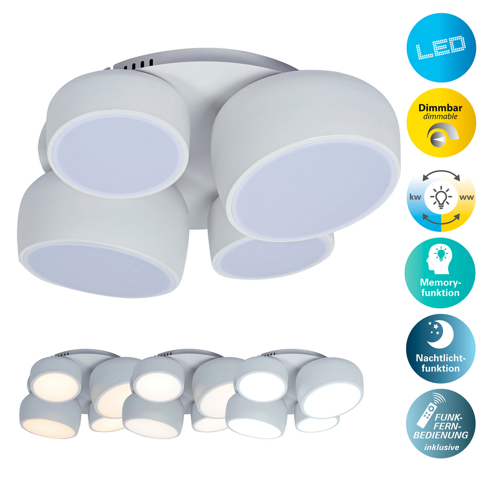 Eliora LED ceiling lamp, 4-bulb, white, CCT, remote control Eliora LED ceiling lamp, 4-bulb, white, CCT, remote control