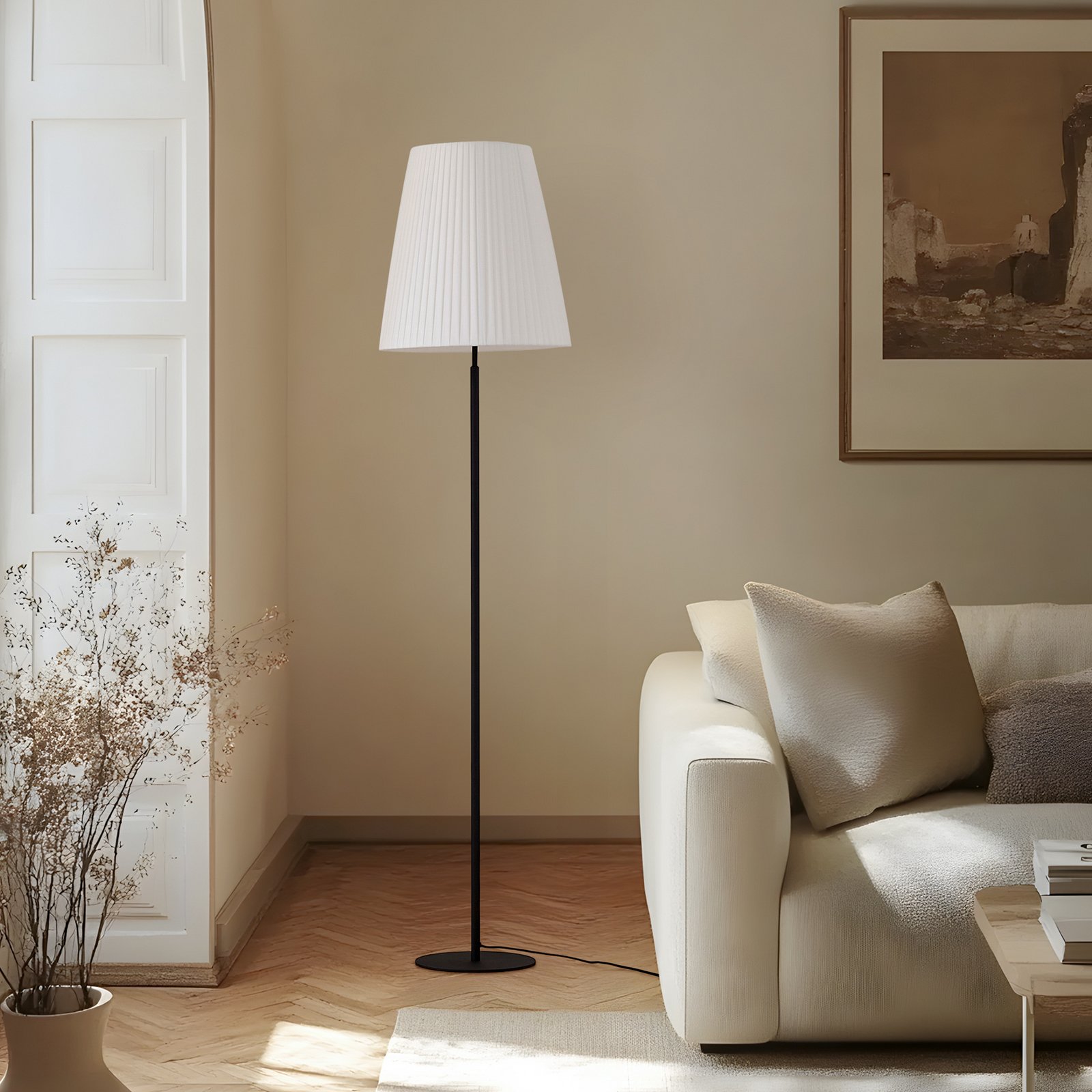 Lindby vloerlamp Virelle, zwart/wit, textiel, hoogte 170 cm