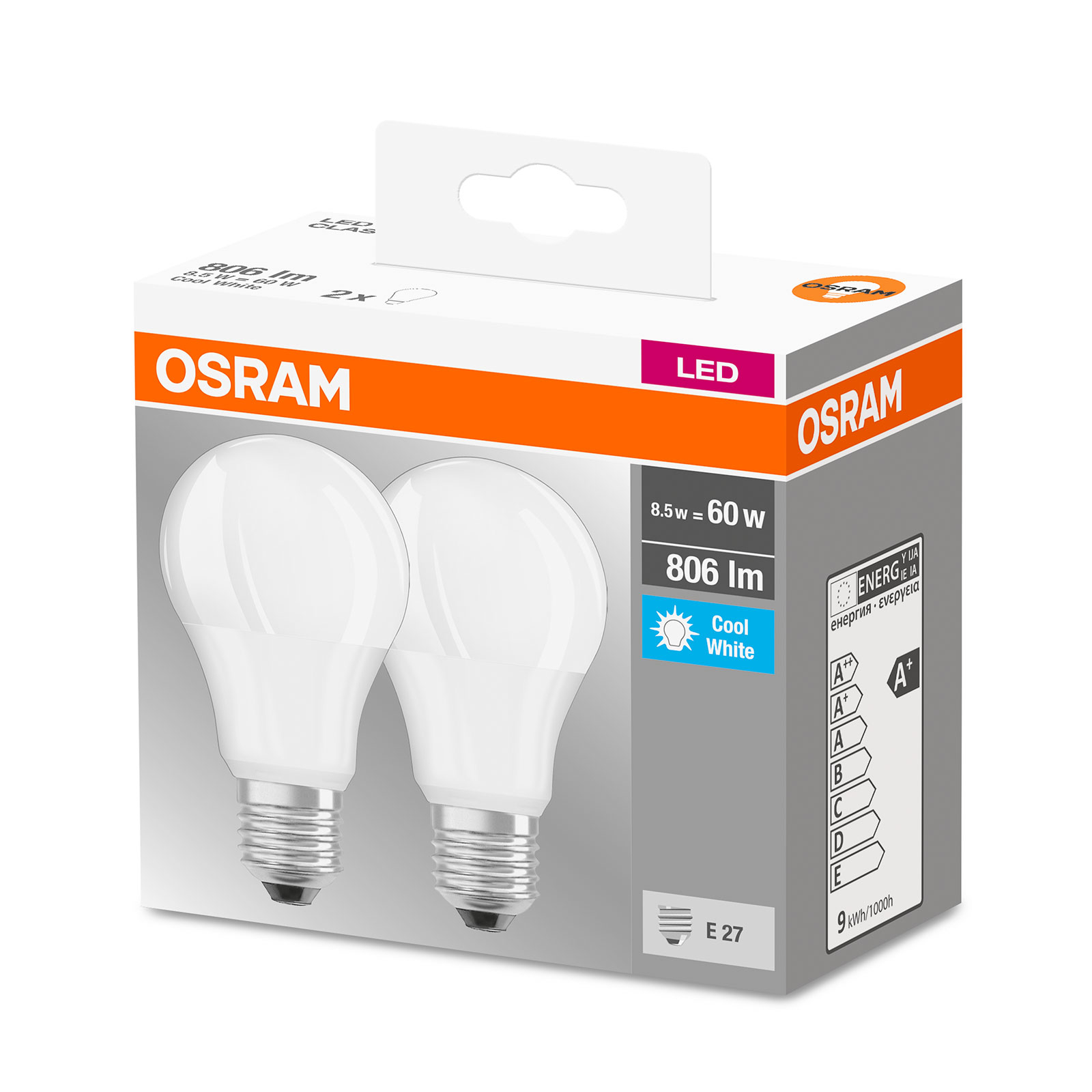 OSRAM LED bulb E27 8.5 W 4,000 K 2-pack