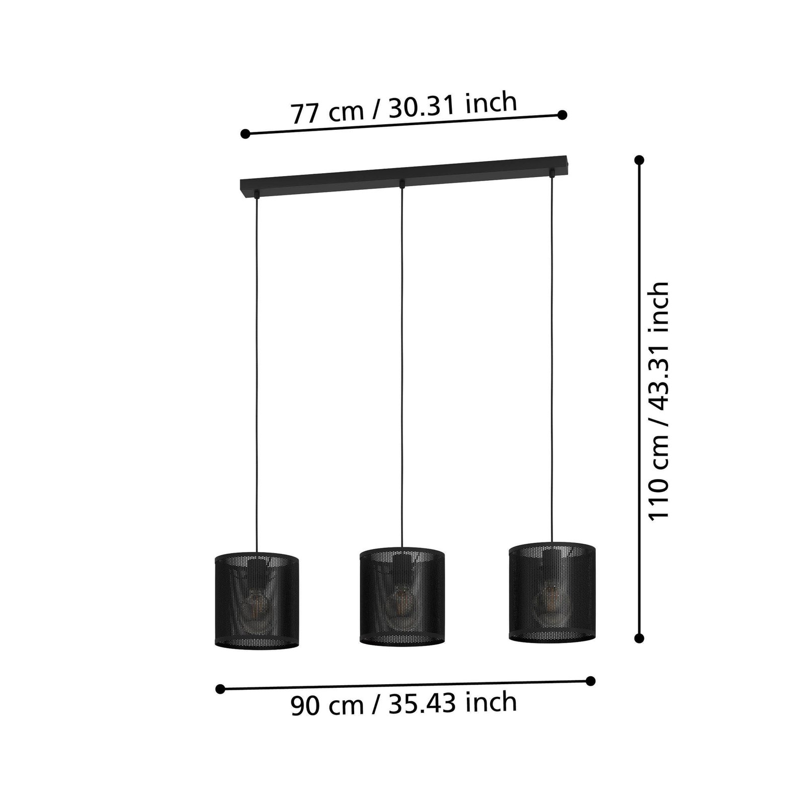 Hanglamp Manby, lengte 90 cm, zwart, 3-lamps, staal