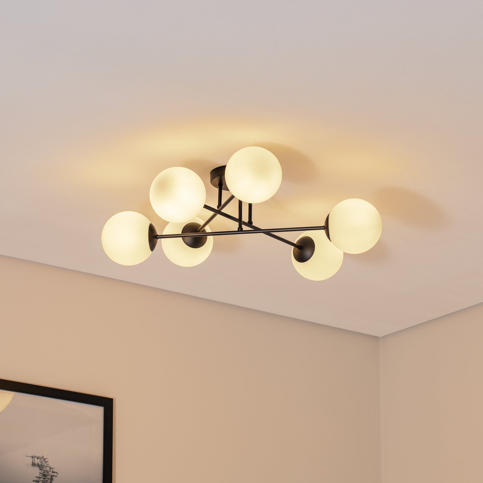Glassy ceiling light, 6-bulb, black/opal