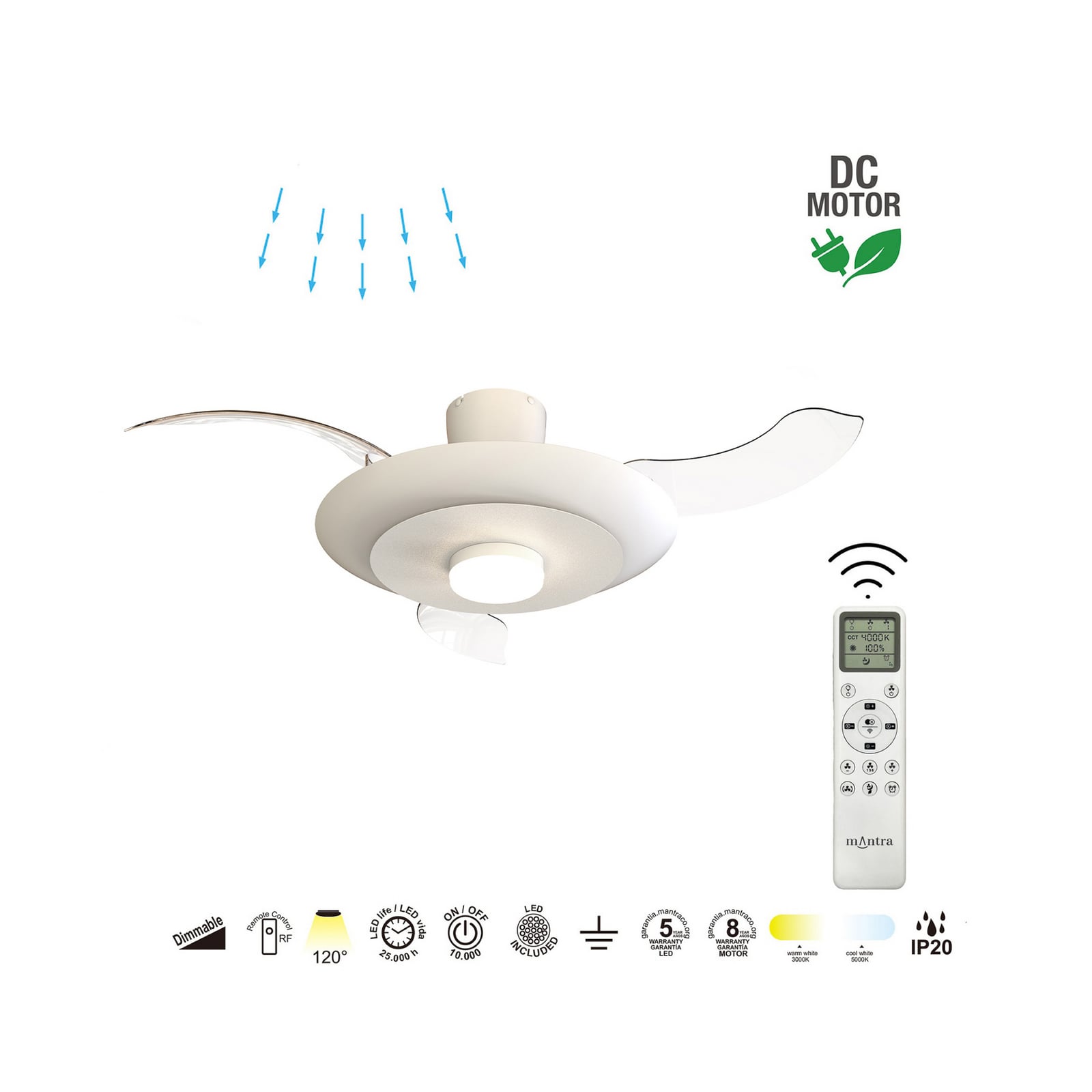 LED plafondventilator Kyoto wit DC stil CCT 106 cm - Mantra