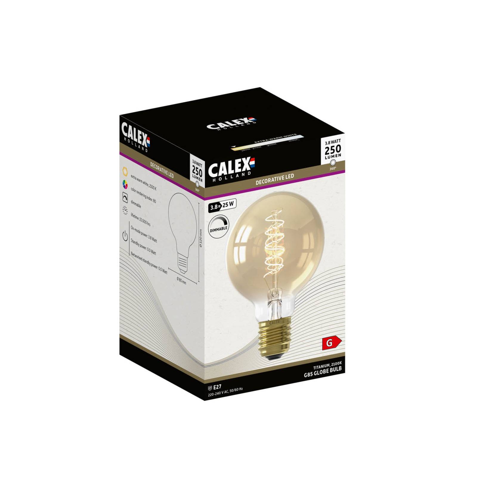 Calex E27 G80 LED 3,8 W fil flex 821 doré dim