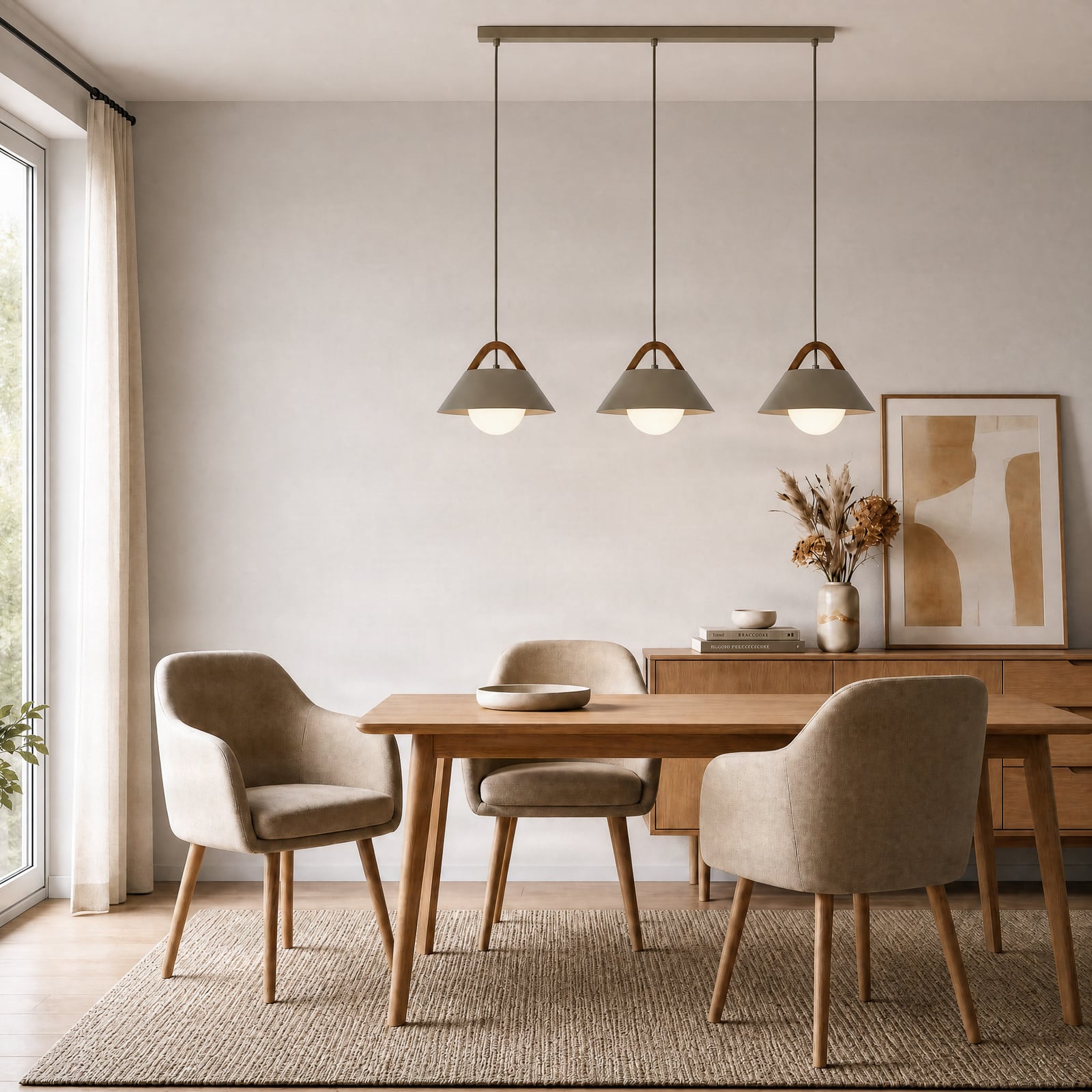 Hanglamp Funda, beige, lengte 110 cm, 3-lamps, metaal/glas