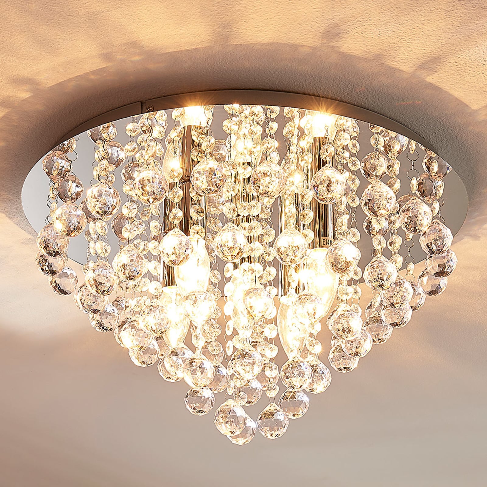Lindby Sparkling ceiling lamp Annica with chrome panel, for Living / Dining Room, metal, acrylic, E14, 40 W, energy efficiency: A++, H: 22 cm