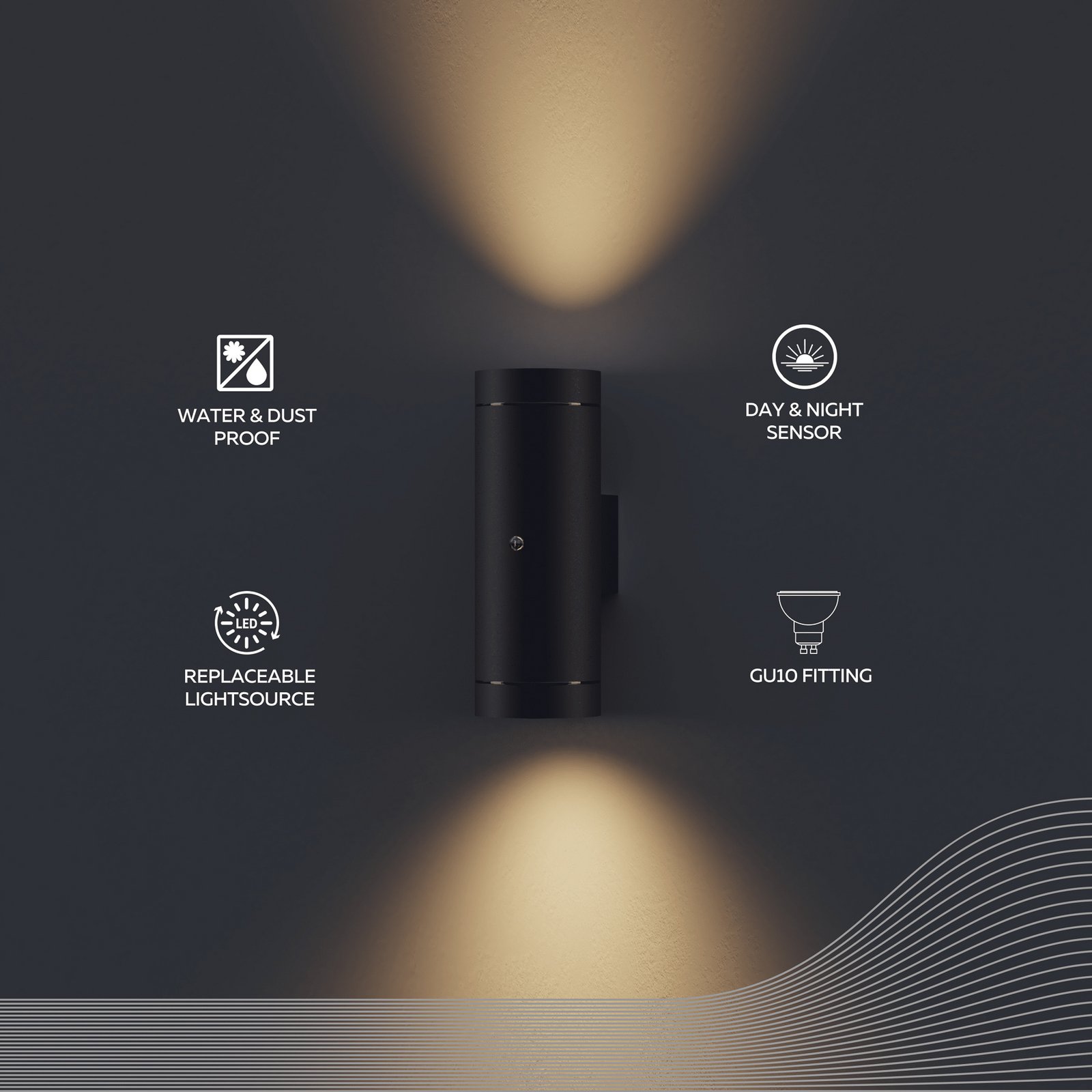 Calex Pavia GU10 outdoor wall light, up/down, black, sensor