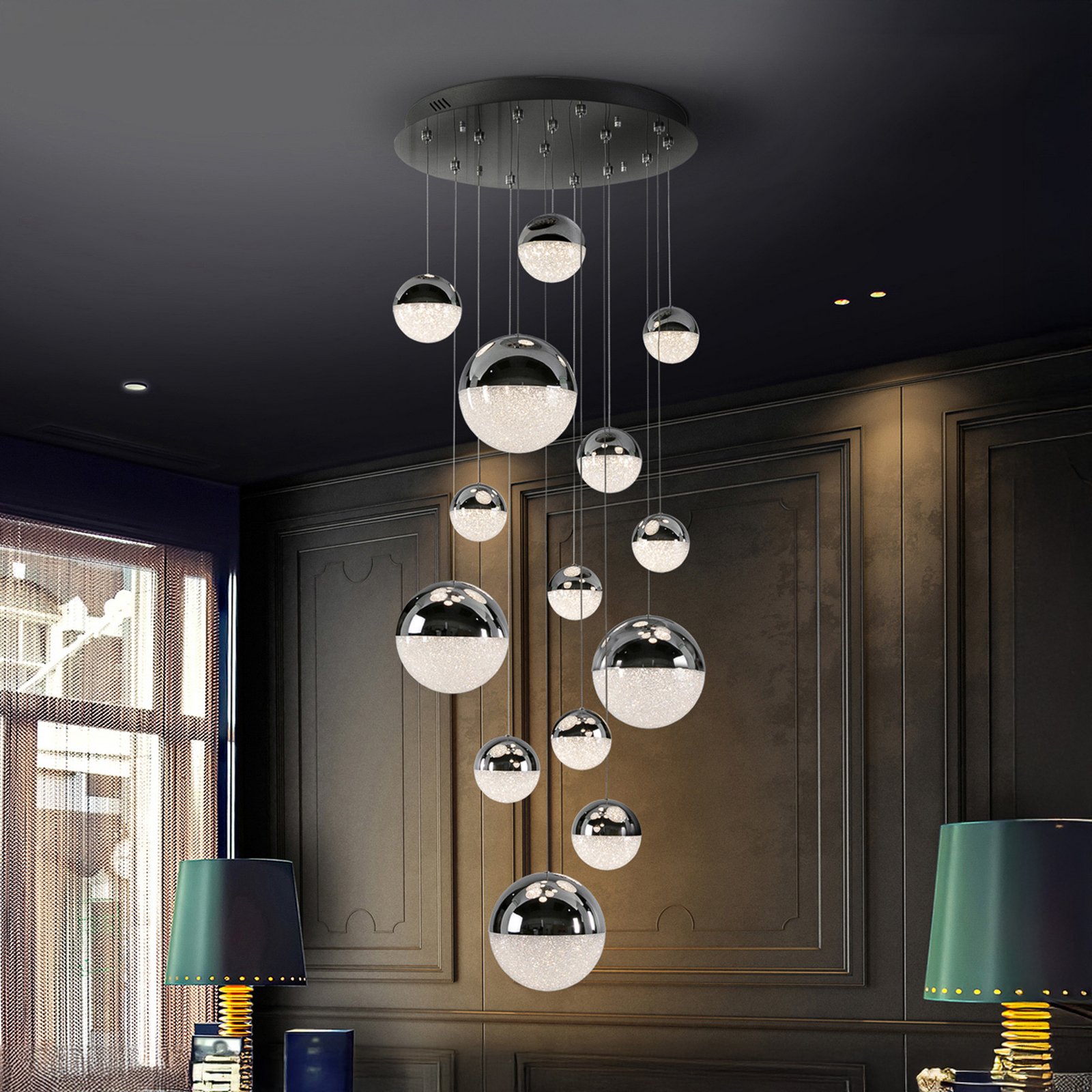 LED hanglamp Sphere, 14-lichts, chroom, dimbaar, Ø 60 cm