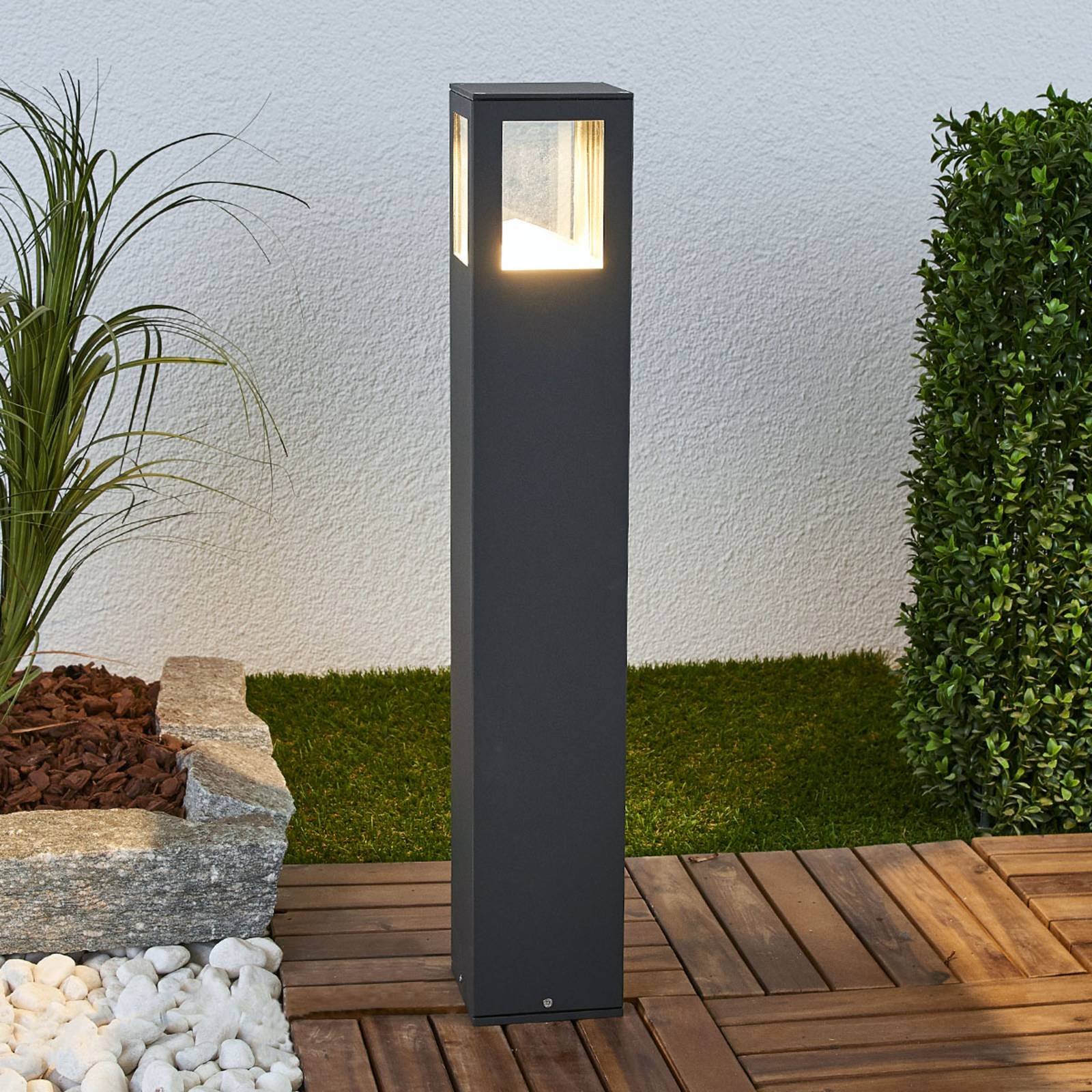 Lucande Nicola rectangular LED pathway light, IP54, Aluminium, tempered glass, 7 W, W: 10.8 cm, H: 65.3 cm