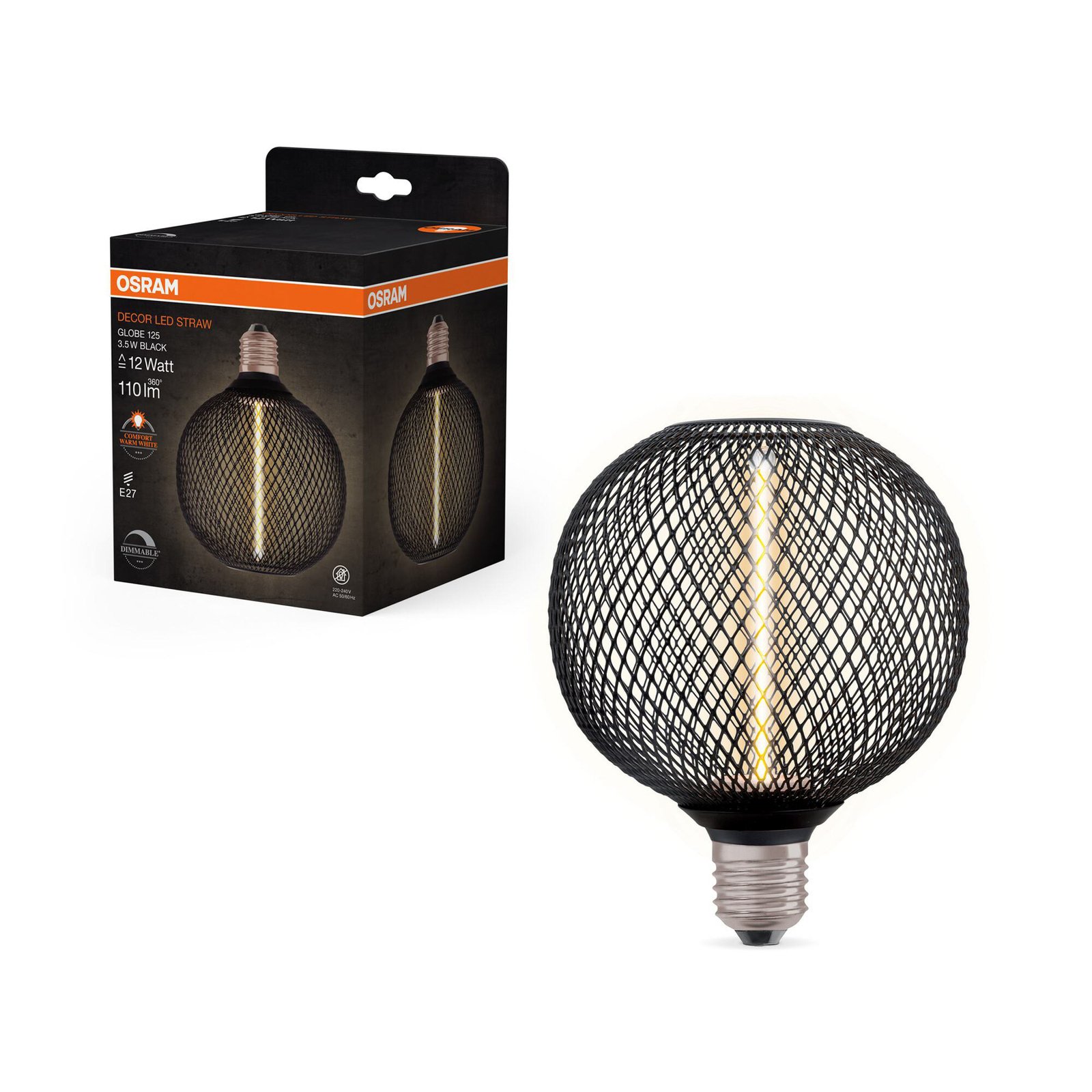 OSRAM Décor LED Straw Filament Globe E27 3,5W noir 1800K 