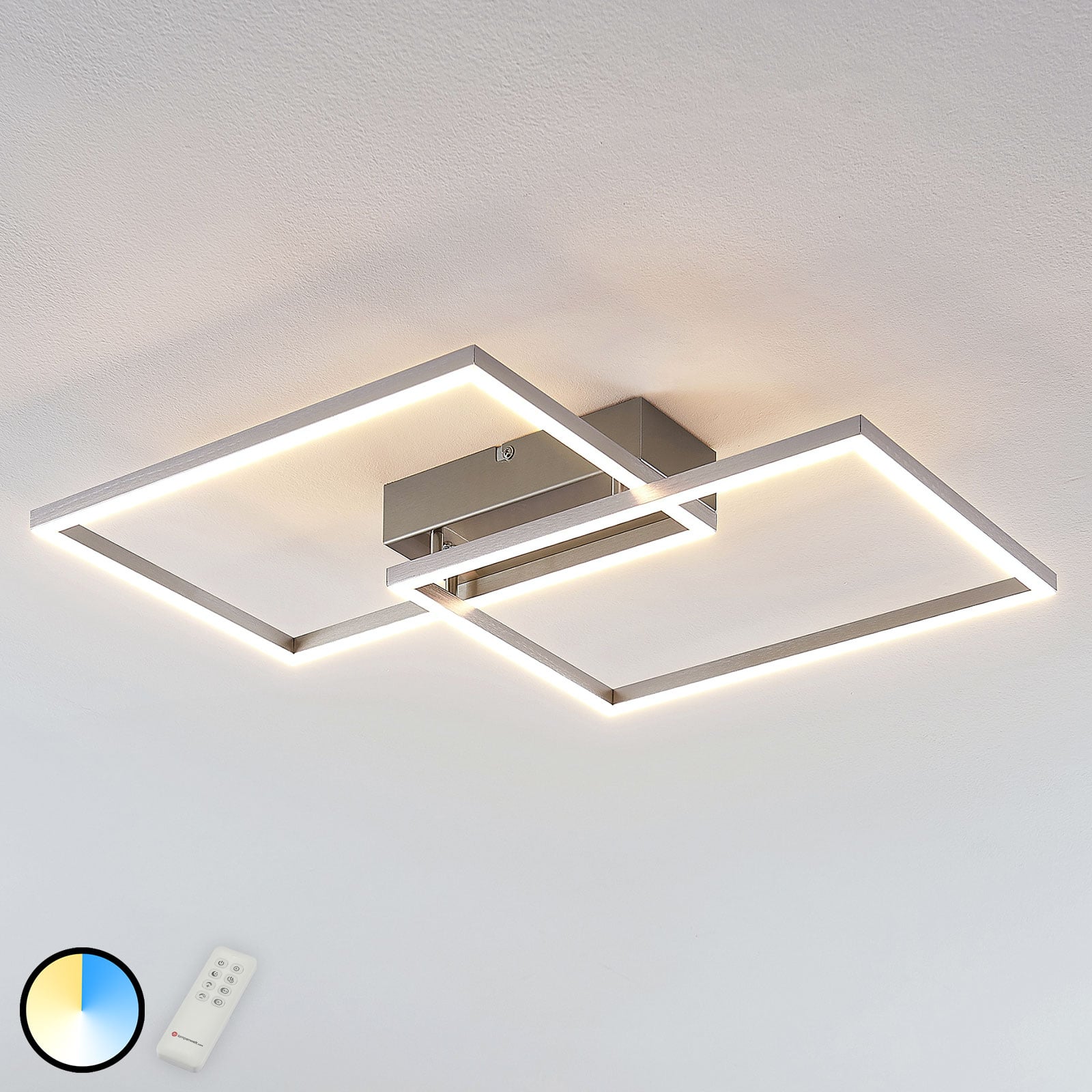 Lucande LED ceiling light Quadra, dimmable, two-bulb 50 cm, for Living / Dining Room, stainless steel, acrylic, 15 W, energy efficiency: A+, L: 50 cm, W: 41.5 cm, H: 7 cm