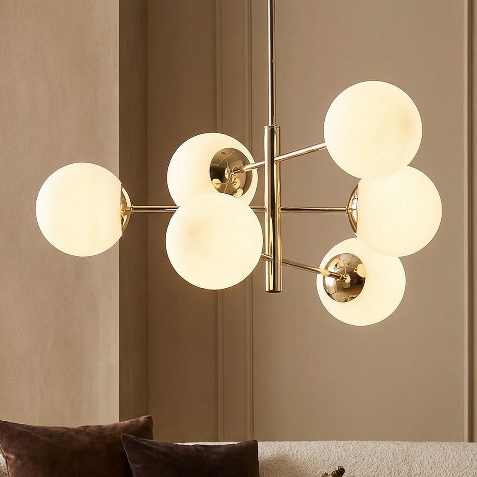 Candeeiro suspenso Aurora, dourado, 6 lâmpadas, vidro, metal