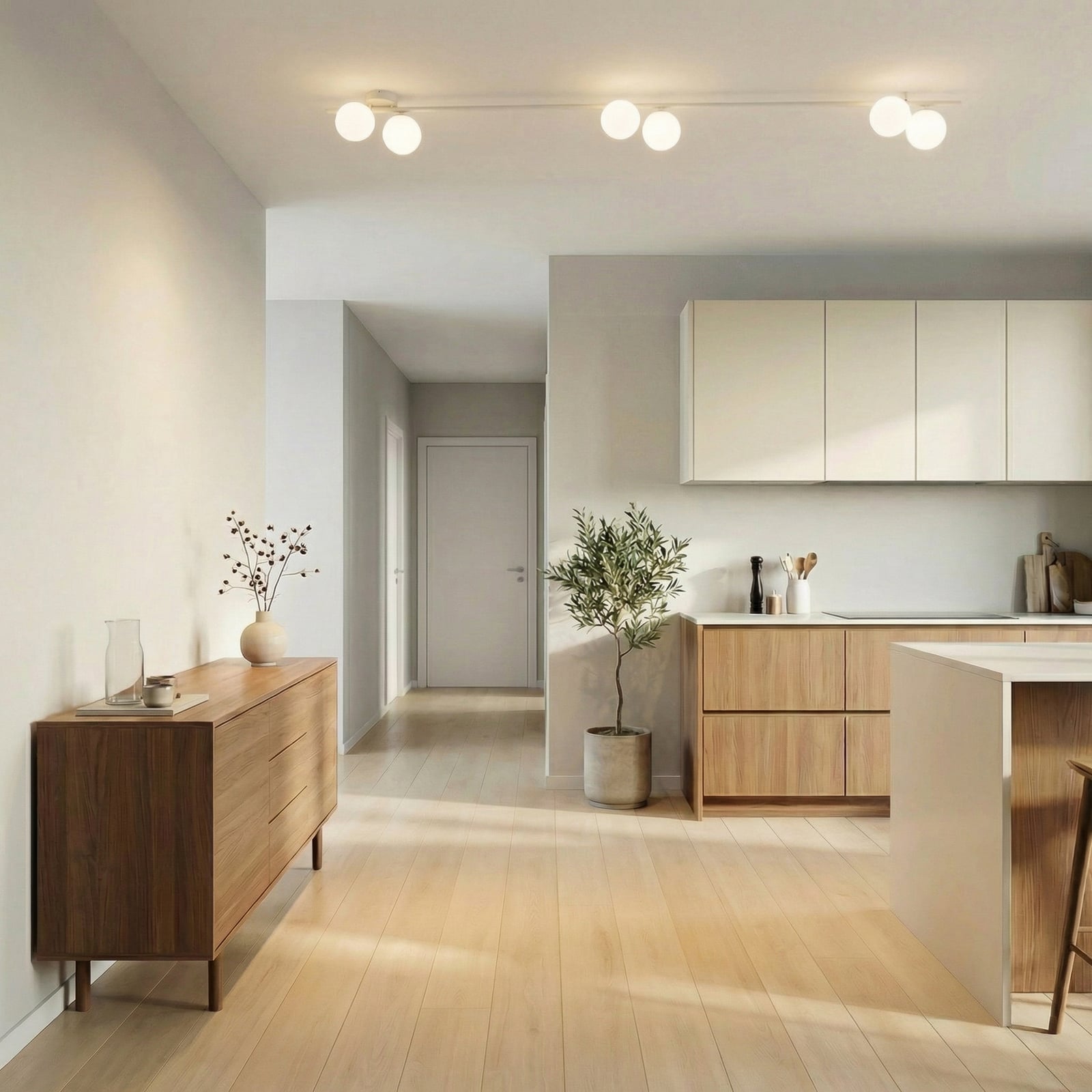 Plafondlamp Imelo, crème, 6-lamps, glas, lengte 200 cm