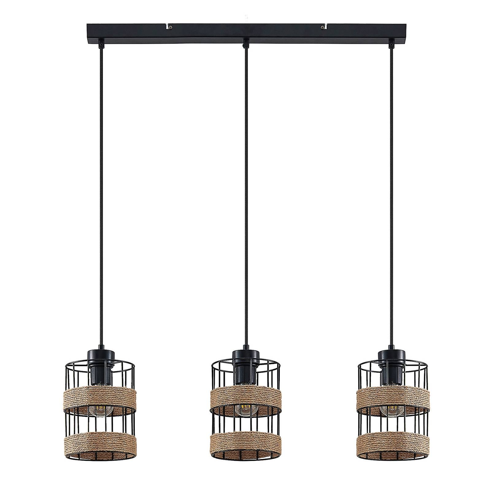 Lindby Espinia lámpara colgante, 3 luces, para salón / comedor, acero, cuerda de cáñamo, E27, 60 W, longitud: 79 cm, anchura: 15 cm, altura: 20 cm