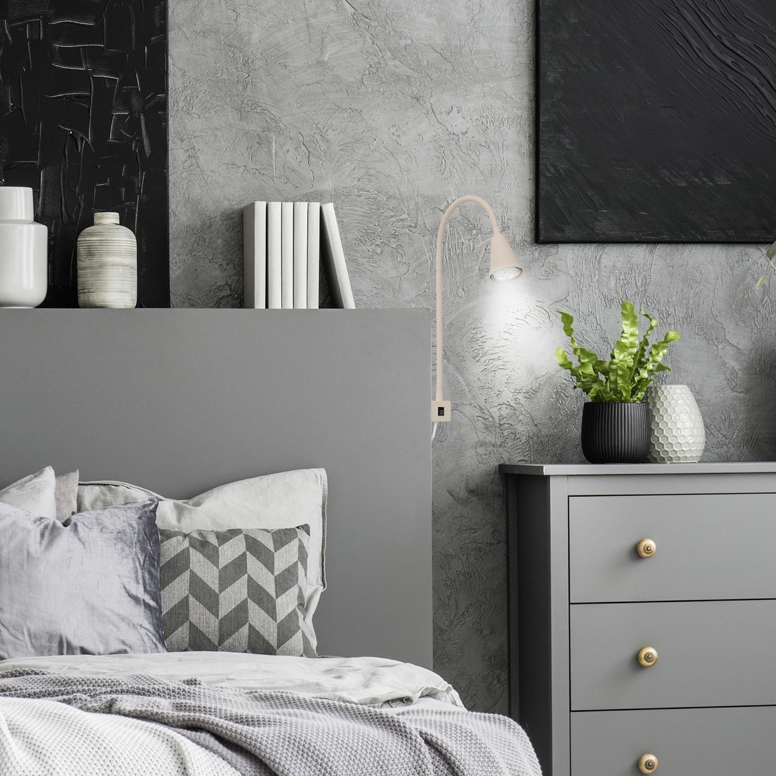 LED wall lamp Tuso, beige, bed mounting, metal, flexible arm