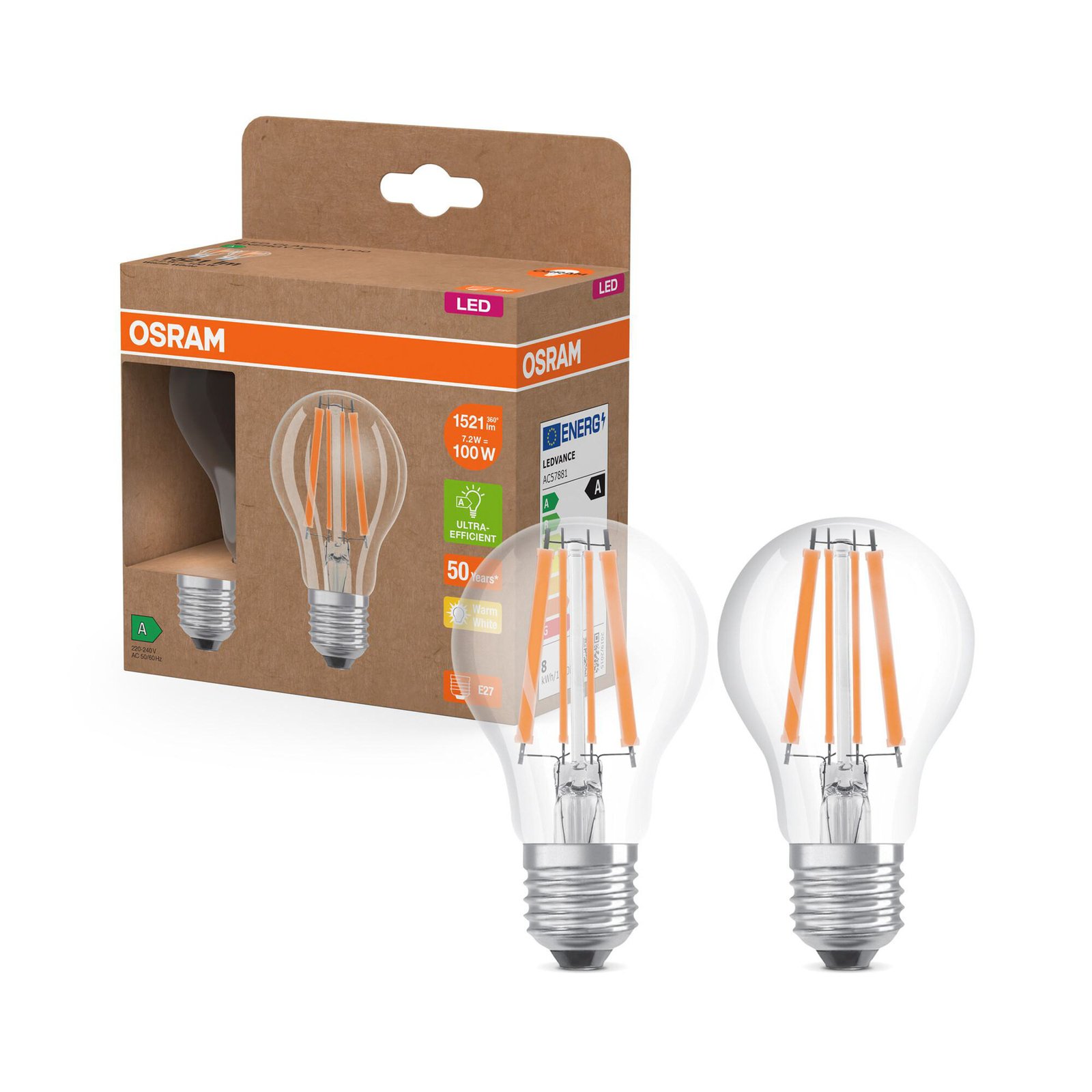 OSRAM Lampadina LED E27 7,2W a incandescenza 2.700K 1521lm Confezione da 2