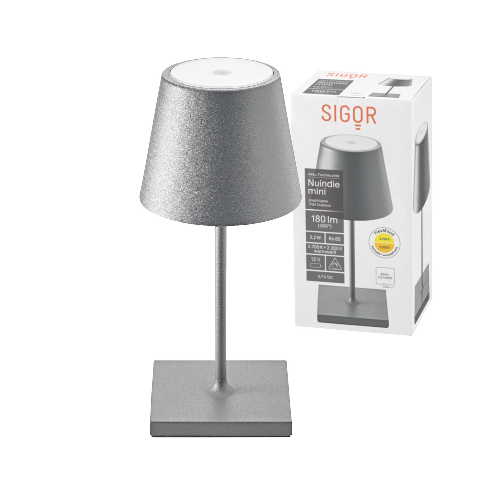 Nuindie mini lámpara de mesa LED recargable, redonda, USB-C, gris grafito