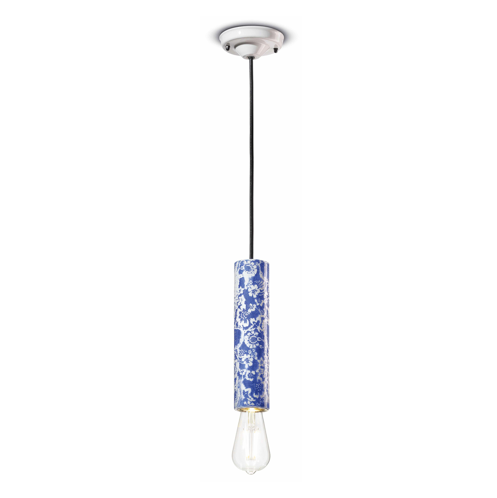 Hanglamp PI met bloemenmotief, Ø 5,5 cm blauw/wit